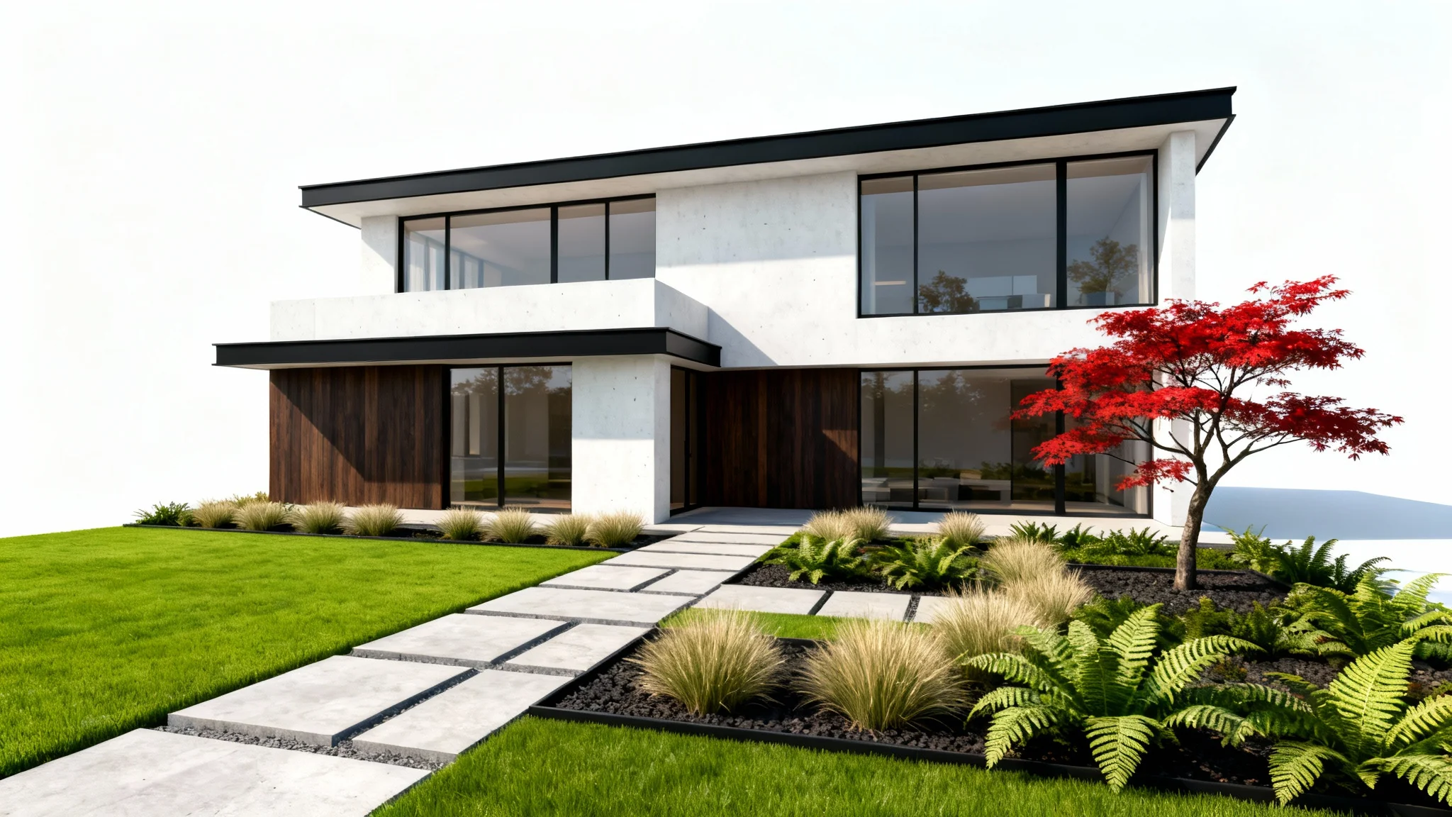 A photorealistic architectural render of a modern townhouse with pristine landscaping, including a green lawn, stone path, and ornamental plants, on a white background.