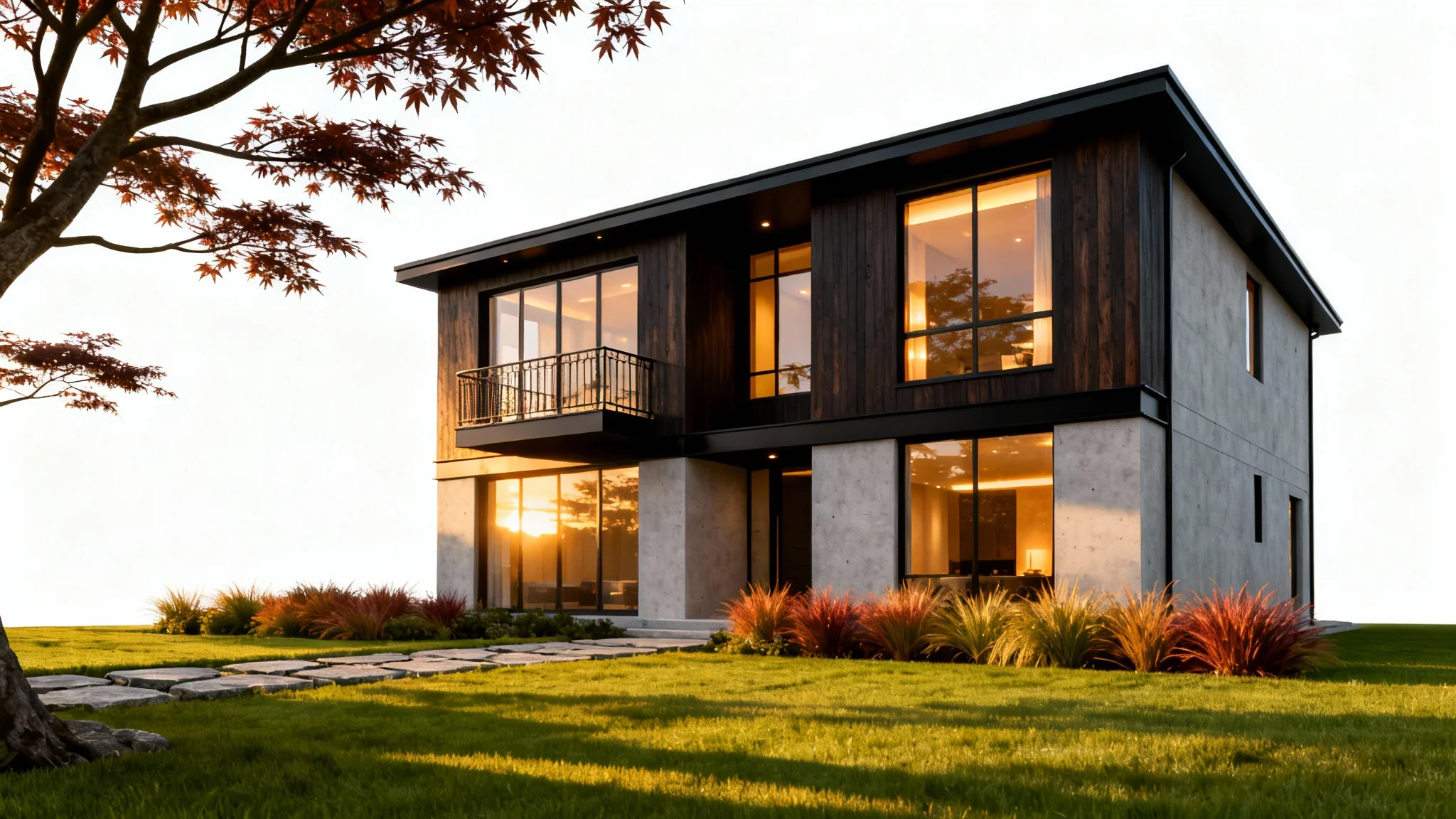 A photorealistic render of a modern two-story townhouse with large windows and wood accents, featuring a beautifully landscaped front yard with a stone path and a small tree, set against a plain white background.