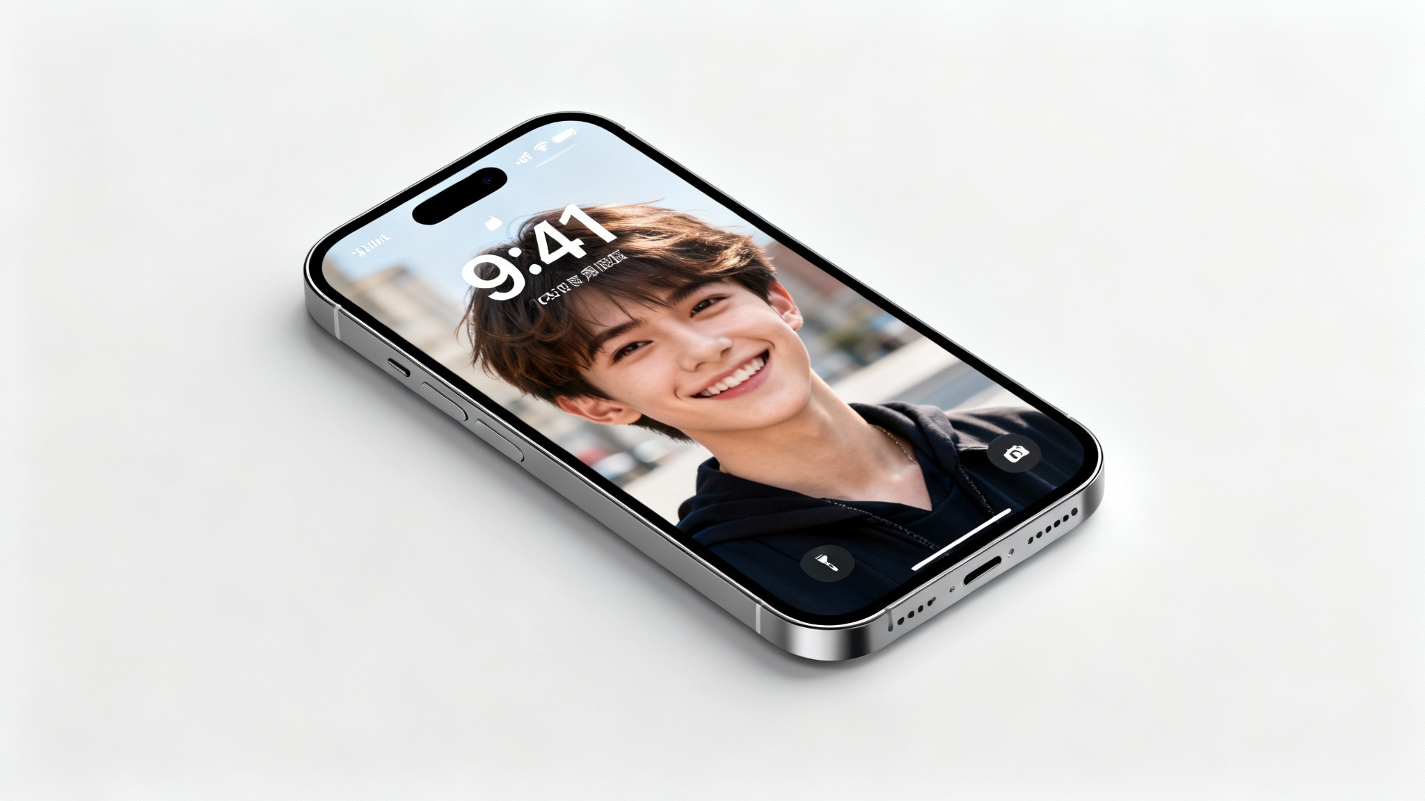 A close-up of an iPhone showcasing the depth effect wallpaper feature. The wallpaper, a portrait of a person, is layered in front of the clock on the lock screen, creating a 3D effect.