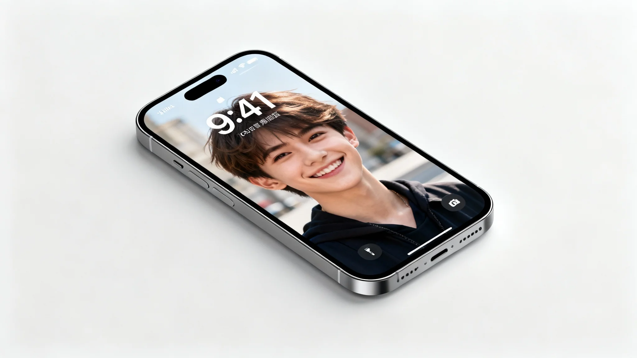 A close-up of an iPhone showcasing the depth effect wallpaper feature. The wallpaper, a portrait of a person, is layered in front of the clock on the lock screen, creating a 3D effect.