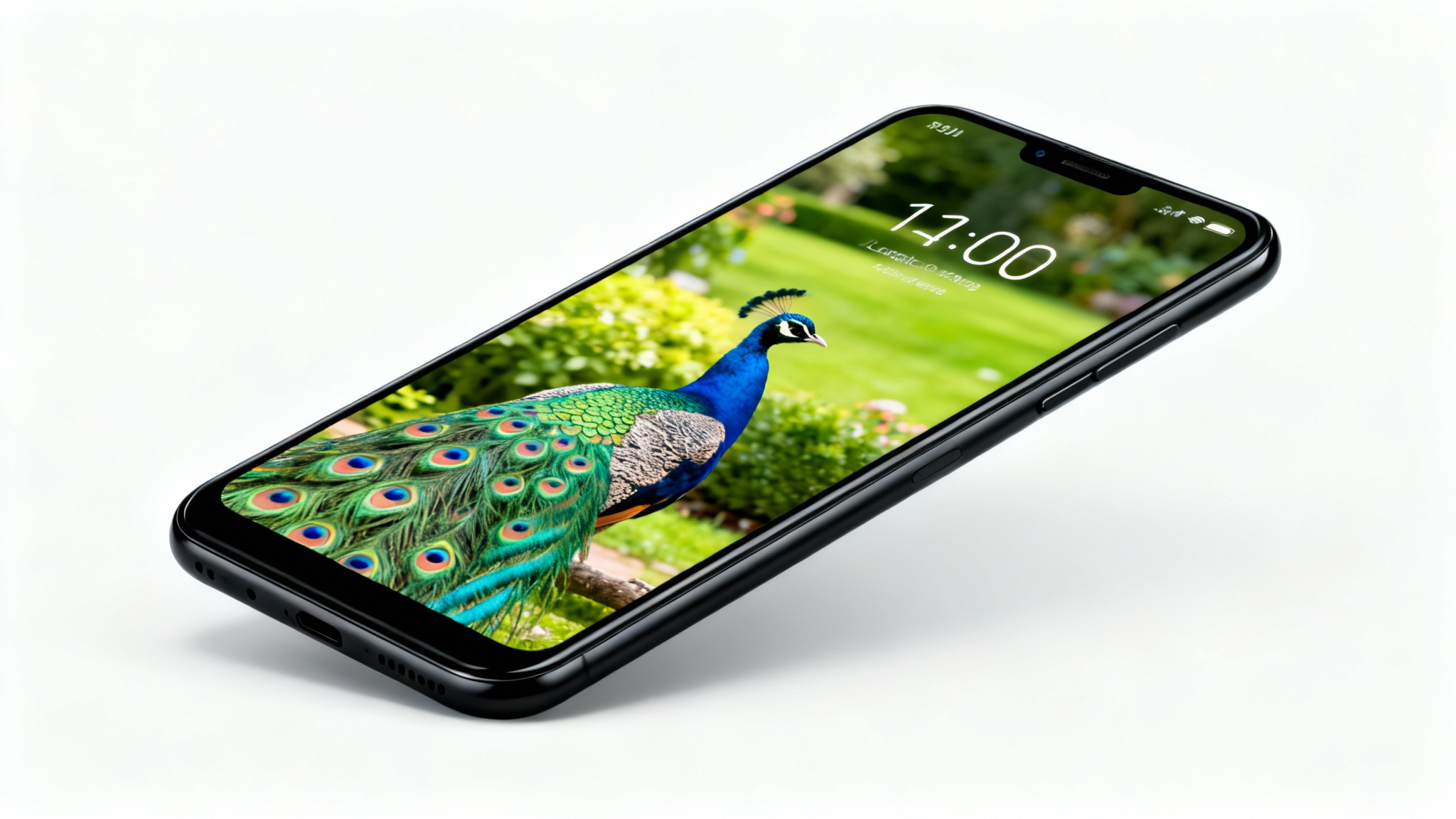 A modern smartphone showcasing a depth effect wallpaper. A peacock's head and feathers on the wallpaper appear in front of the lock screen clock, creating a 3D effect, all set against a clean white background.