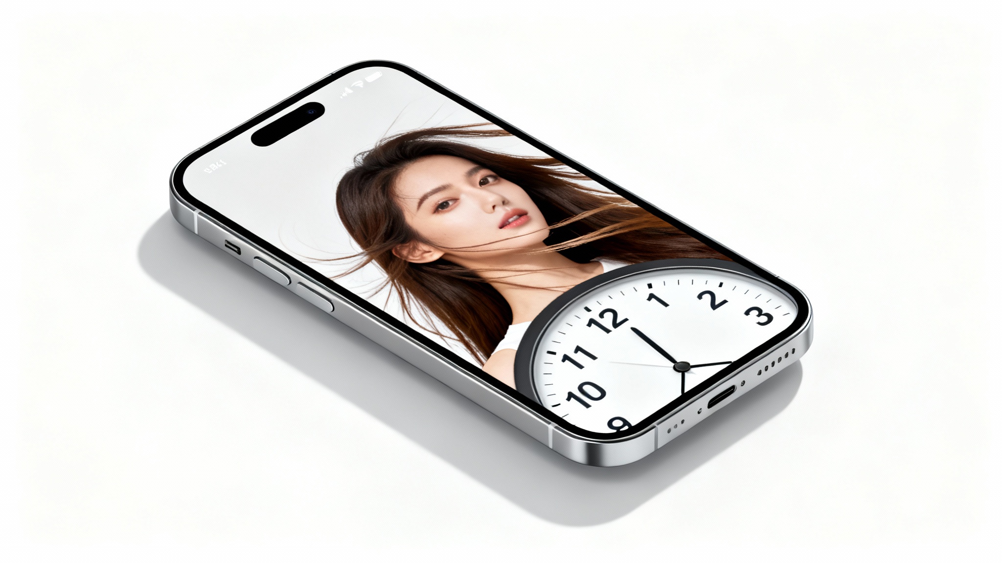 A mockup of an iPhone displaying a lock screen wallpaper of a woman, with her head layered in front of the digital clock to demonstrate the depth effect feature.