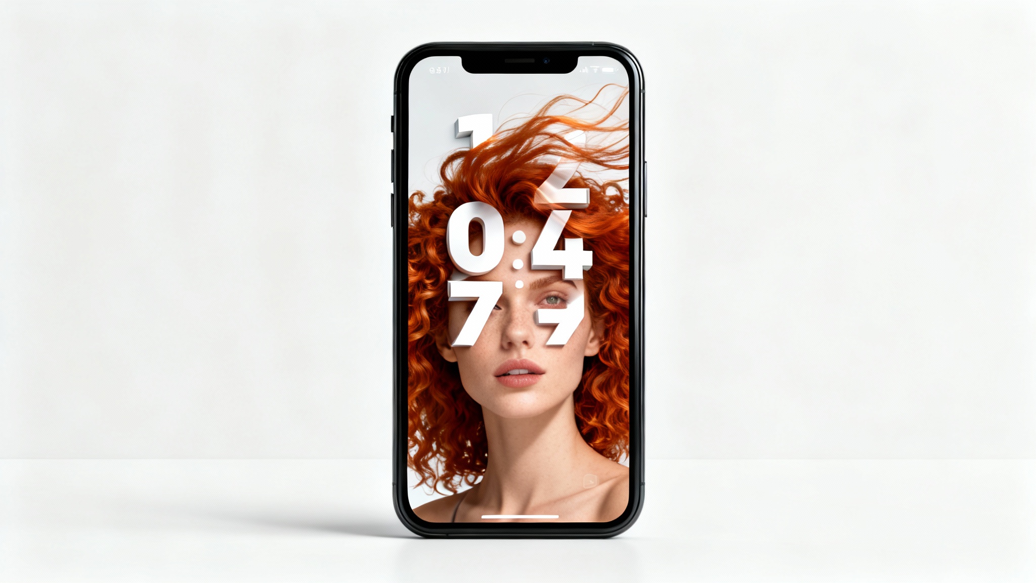 A mockup of a modern iPhone displaying a lock screen wallpaper with a depth effect. The wallpaper shows a woman whose hair partially covers the digital clock, creating a 3D look.