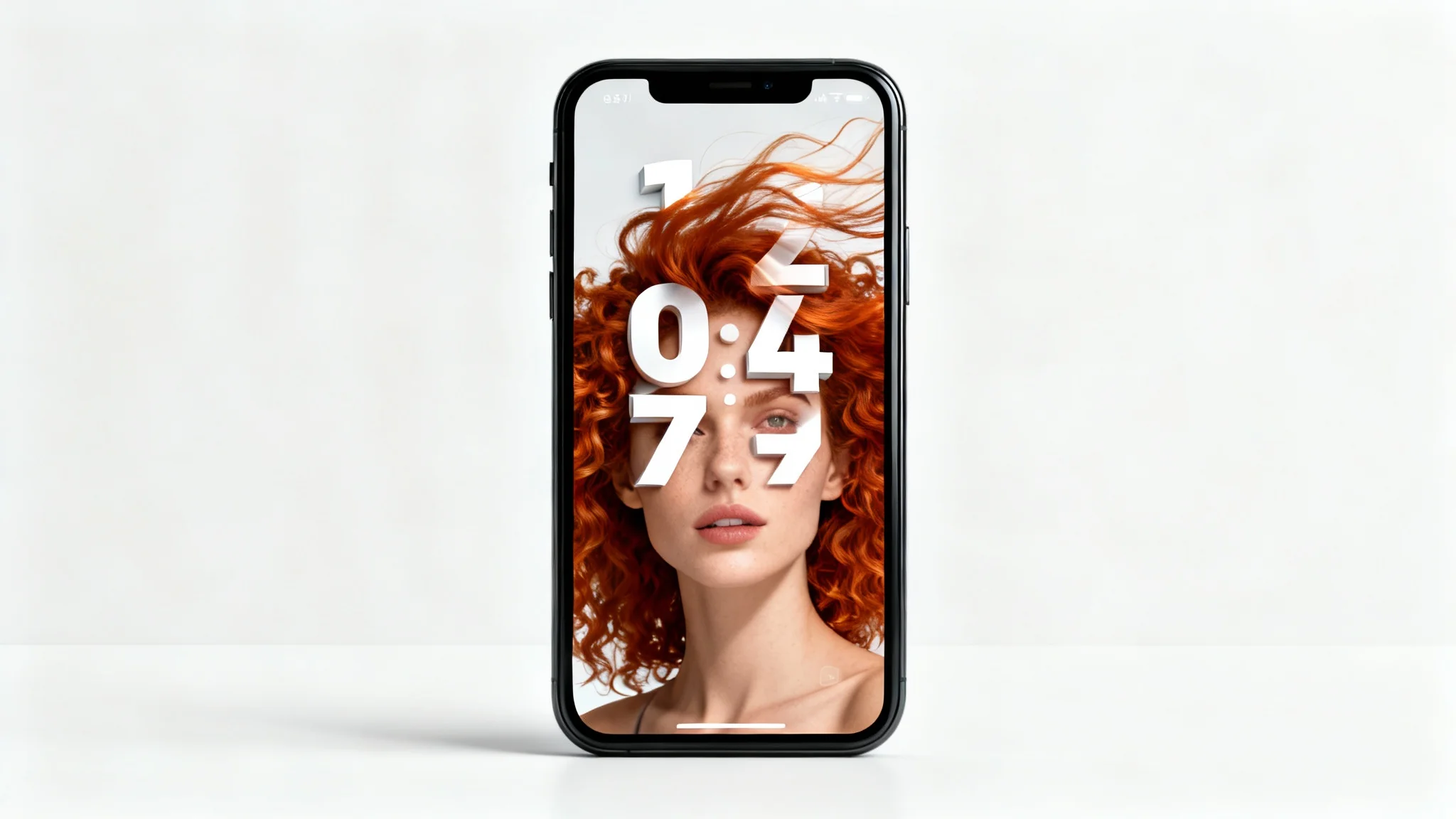 A mockup of a modern iPhone displaying a lock screen wallpaper with a depth effect. The wallpaper shows a woman whose hair partially covers the digital clock, creating a 3D look.