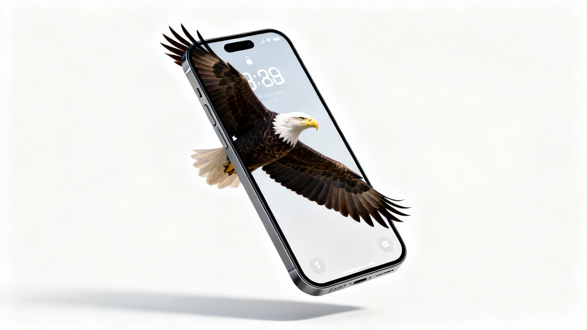 A modern smartphone displaying a depth effect wallpaper of an eagle in flight. The eagle's wing partially covers the clock on the lock screen, creating a 3D effect, all set against a clean white background.