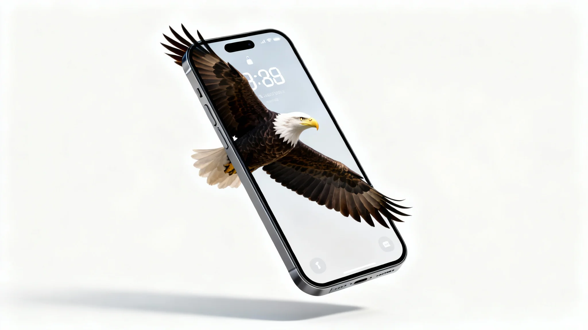 A modern smartphone displaying a depth effect wallpaper of an eagle in flight. The eagle's wing partially covers the clock on the lock screen, creating a 3D effect, all set against a clean white background.