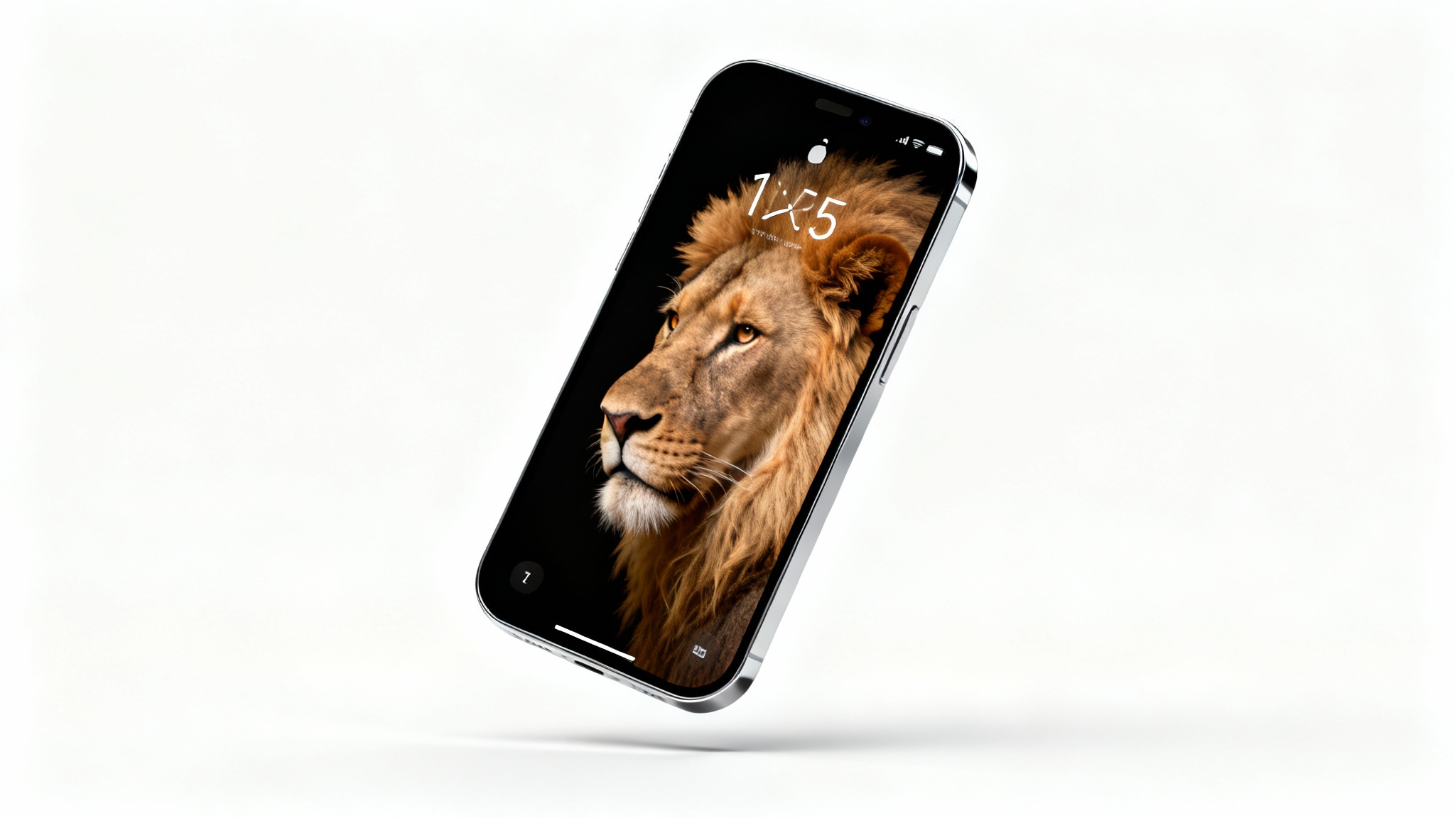 A photorealistic mockup of a modern smartphone showcasing a depth effect wallpaper. The on-screen wallpaper features a lion's head, which appears layered in front of the digital clock, creating a 3D effect.