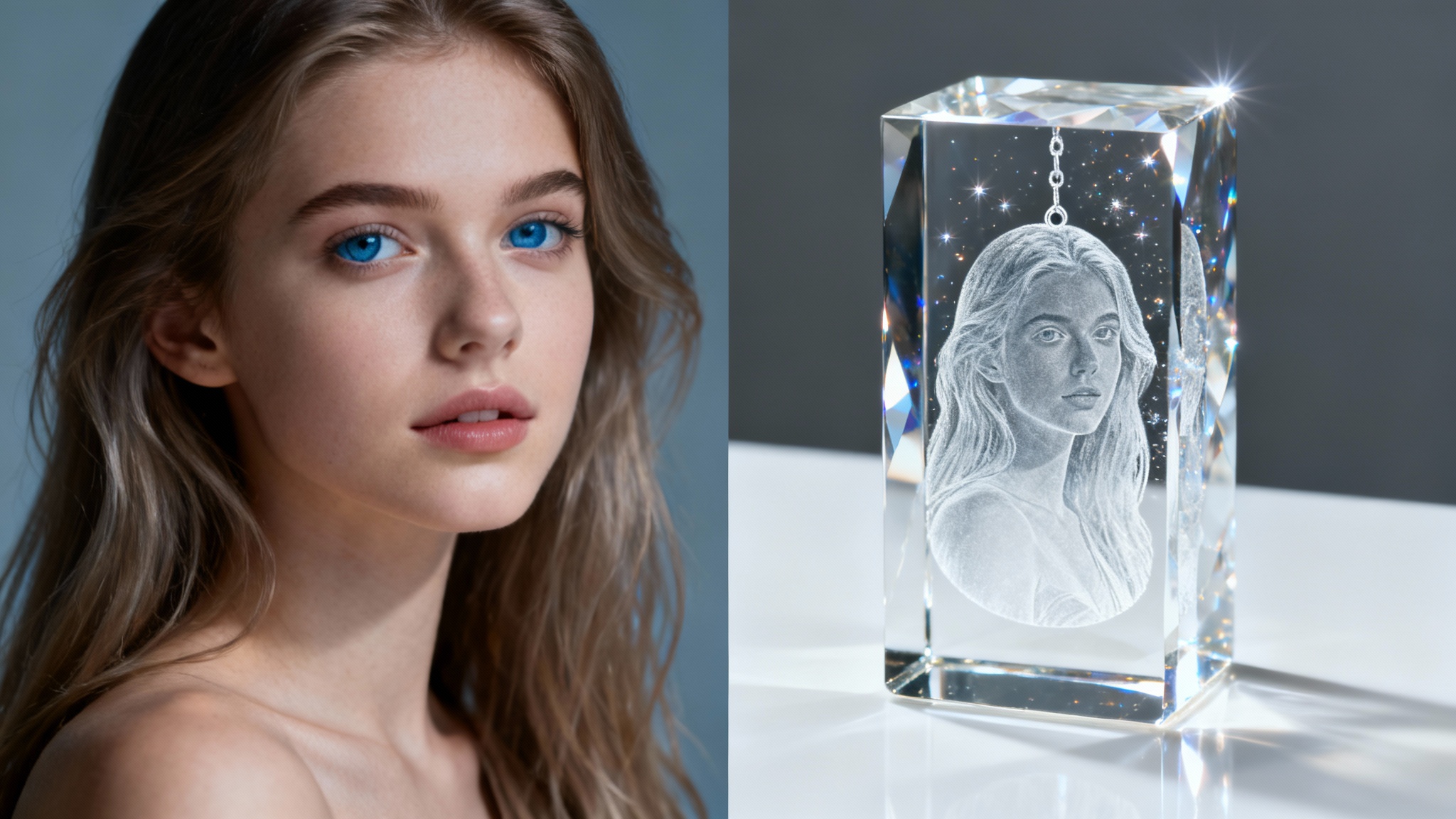 A side-by-side image showing the transformation of a woman's photo on the left into a beautiful 3D laser-engraved crystal portrait on the right.