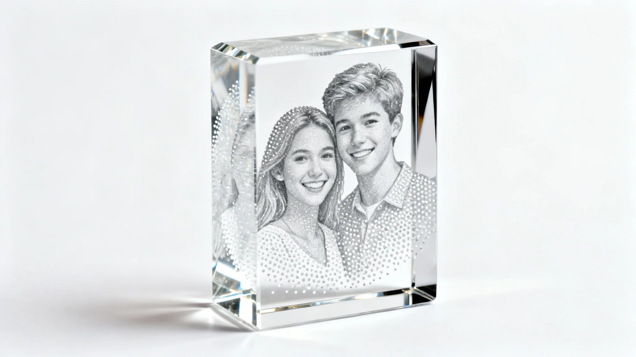 A close-up studio shot of a rectangular 3D crystal portrait containing a laser-etched image of a smiling couple, set against a pristine white background.