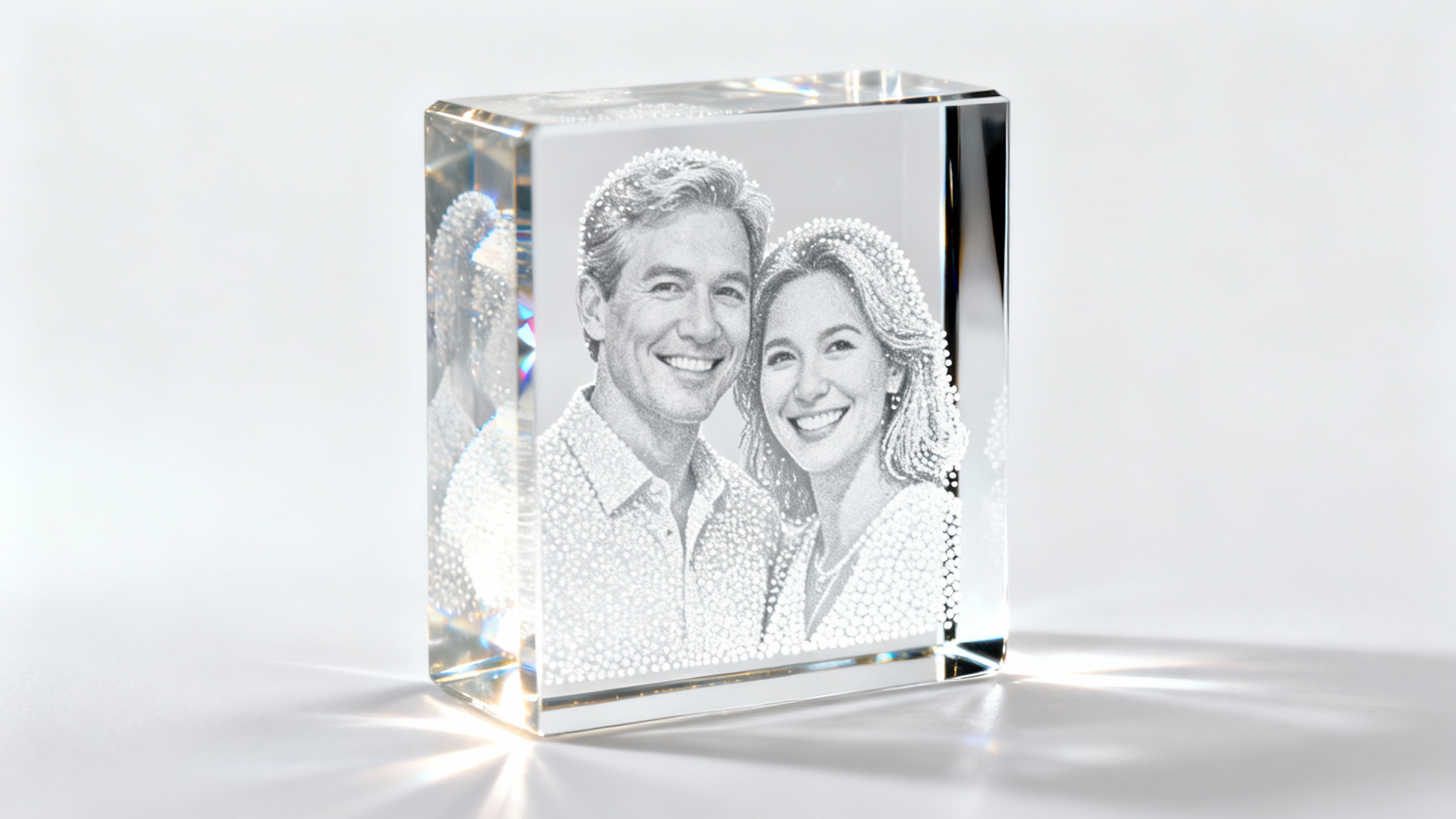 A rectangular block of clear crystal with a detailed 3D laser-etched portrait of a smiling couple inside, showcased with professional studio lighting on a pure white background.