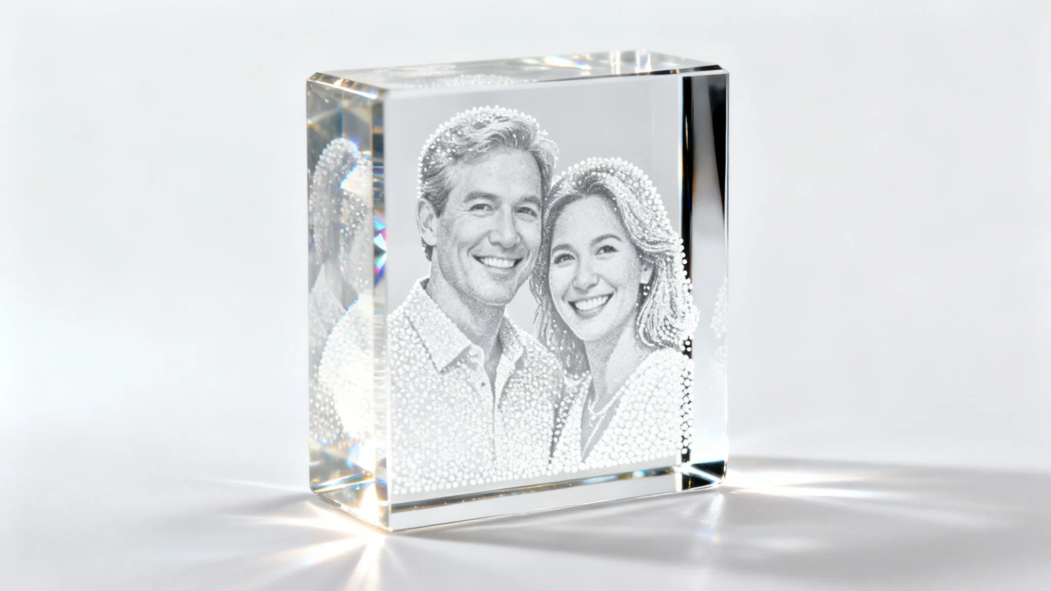 A rectangular block of clear crystal with a detailed 3D laser-etched portrait of a smiling couple inside, showcased with professional studio lighting on a pure white background.