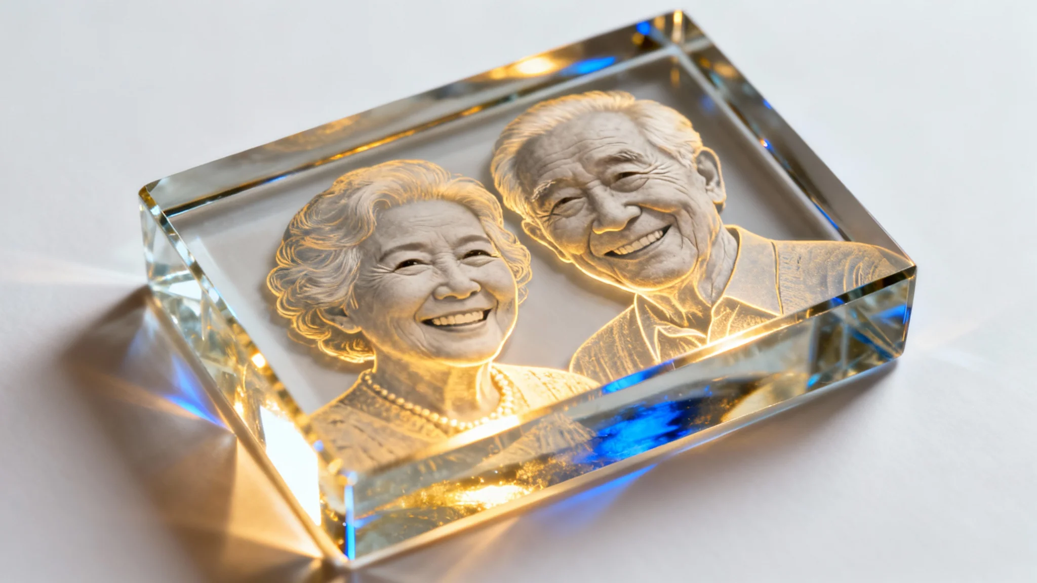 A photorealistic image of a rectangular crystal block containing a 3D laser-engraved portrait of a smiling elderly couple, set against a clean white background.