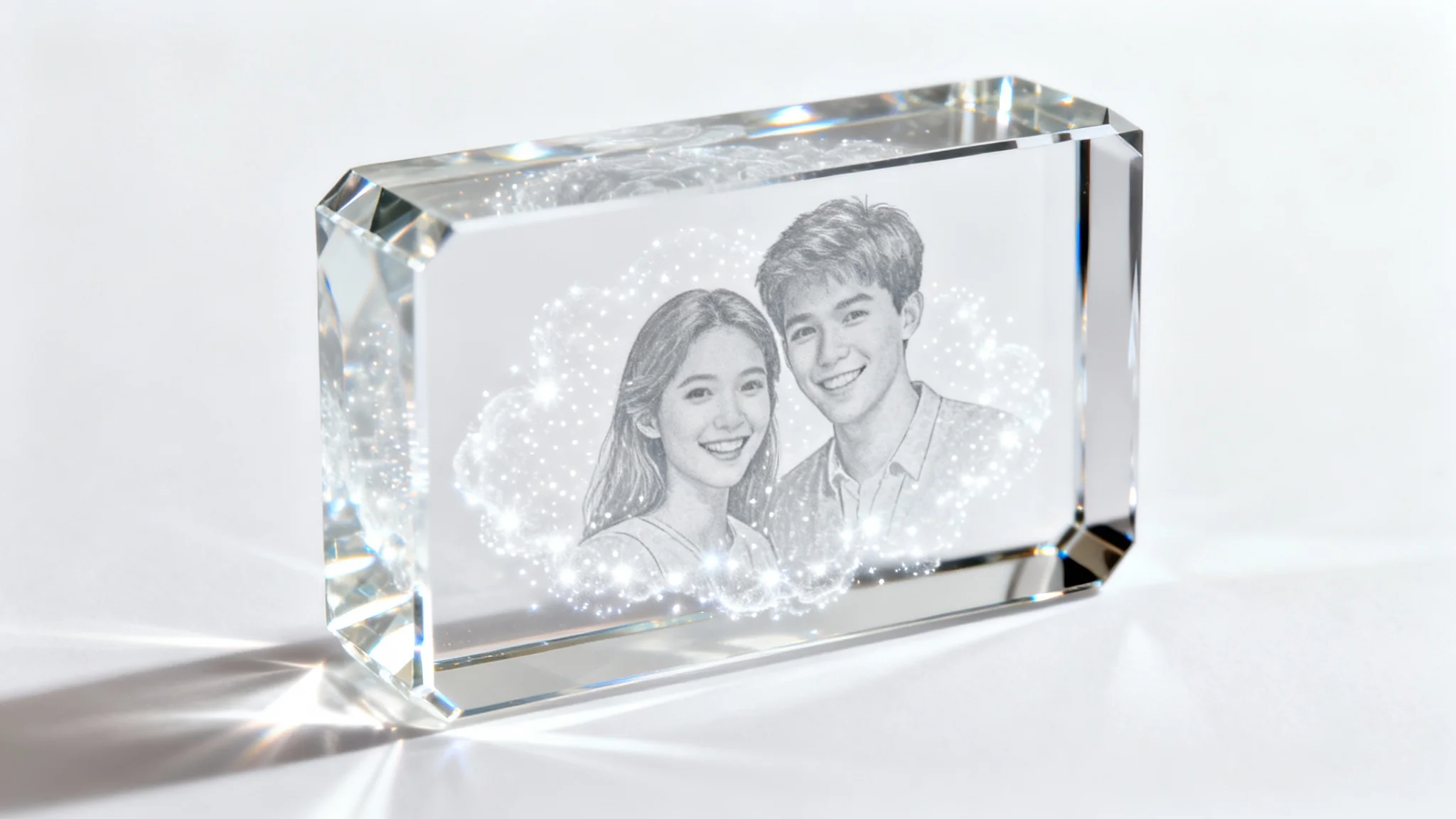A close-up of a rectangular crystal block containing a 3D laser-etched portrait of a smiling couple, set against a clean white background, showcasing the detail of the engraving.