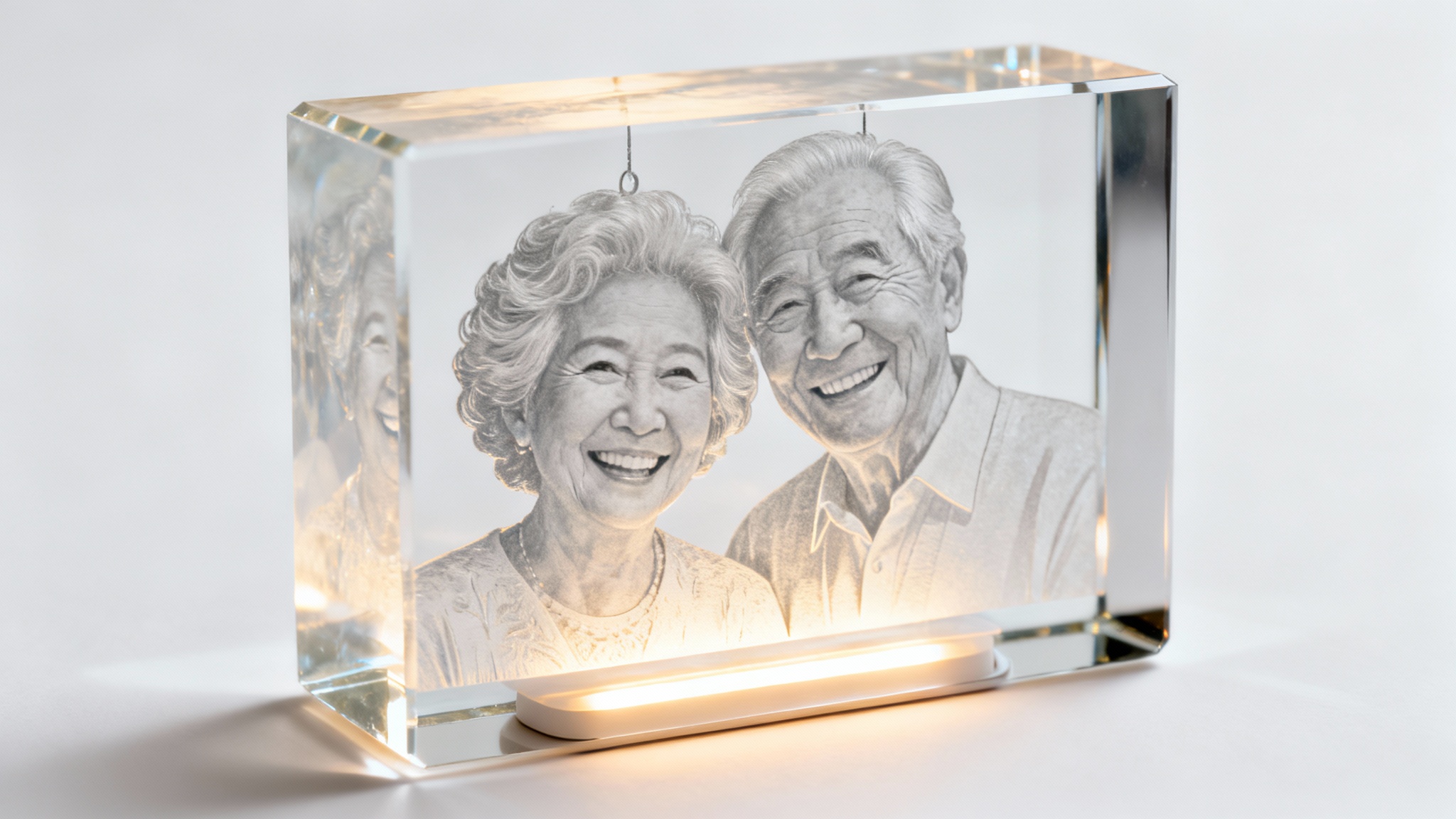 A close-up photograph of a rectangular 3D crystal portrait containing a laser-etched image of a smiling elderly couple. The crystal is lit from below, making the portrait glow against a clean white background.