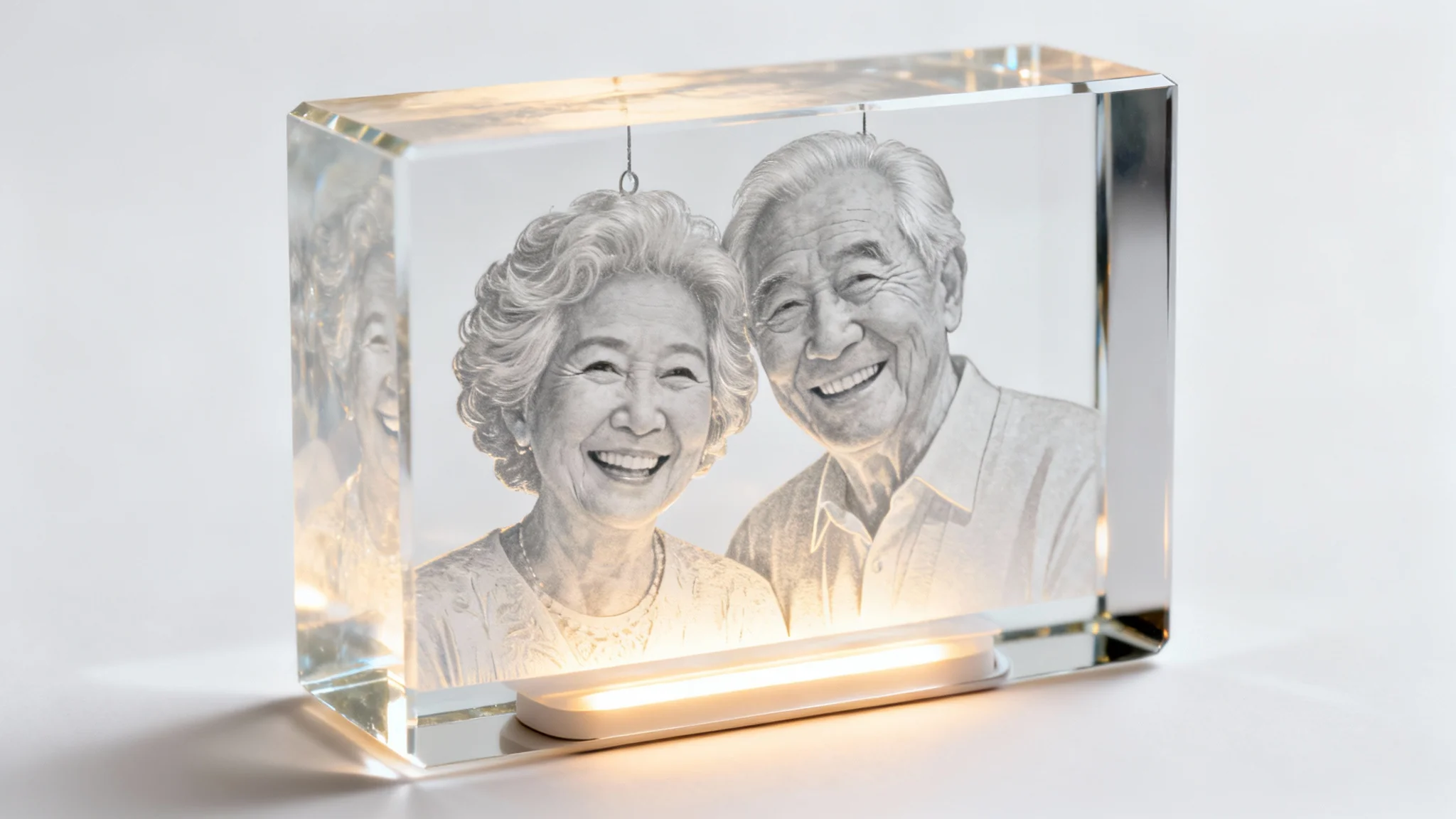 A close-up photograph of a rectangular 3D crystal portrait containing a laser-etched image of a smiling elderly couple. The crystal is lit from below, making the portrait glow against a clean white background.