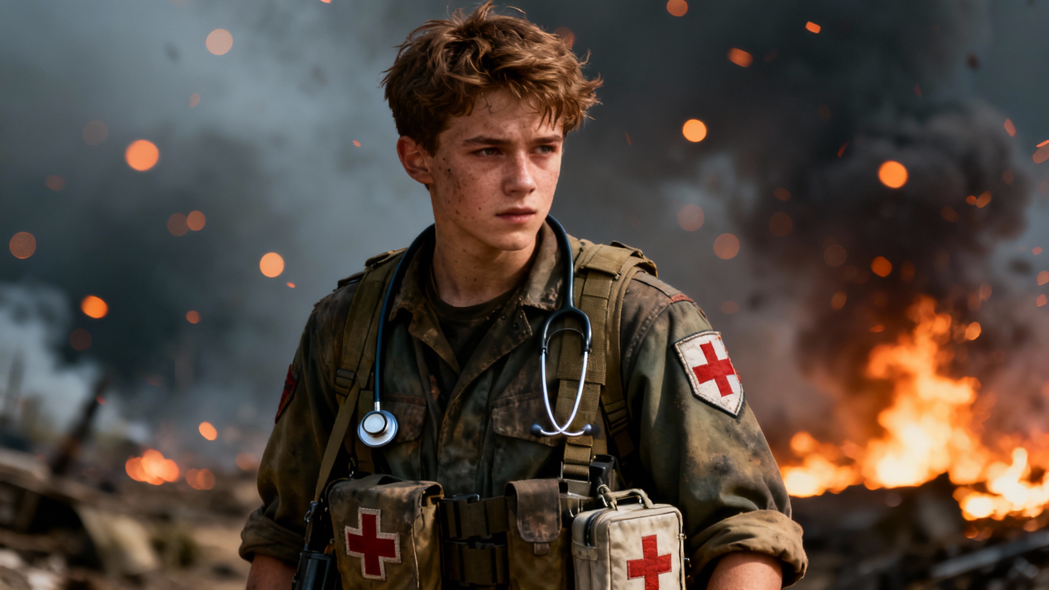 A cinematic, photorealistic portrait of a young male combat medic in a tactical uniform, looking determined against a blurred, smoky battlefield background.