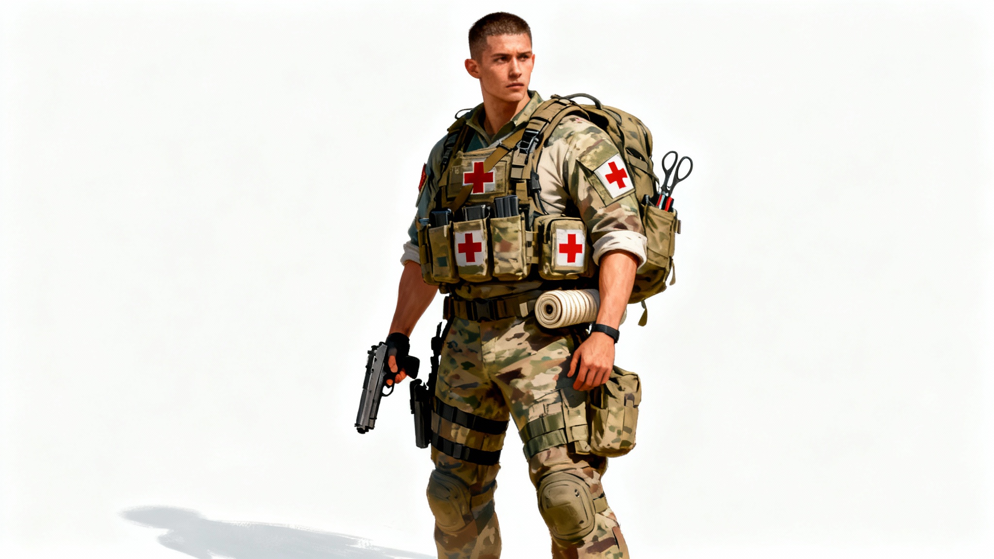 A full-body digital illustration of a male combat medic in a modern tactical uniform and gear, standing ready against a plain white background.