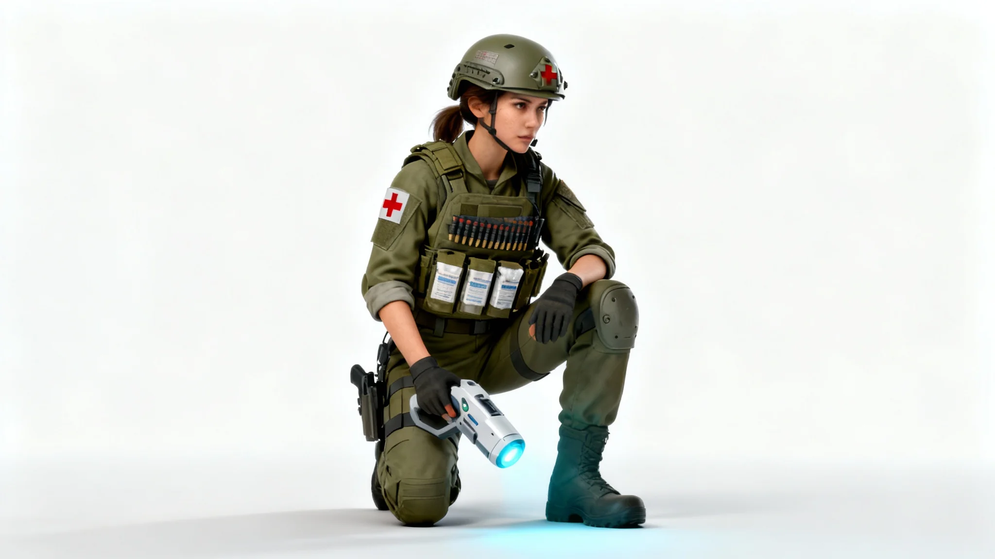 A hyper-realistic 3D render of a female combat medic in full tactical gear, kneeling against a solid white background, holding a futuristic medical device.