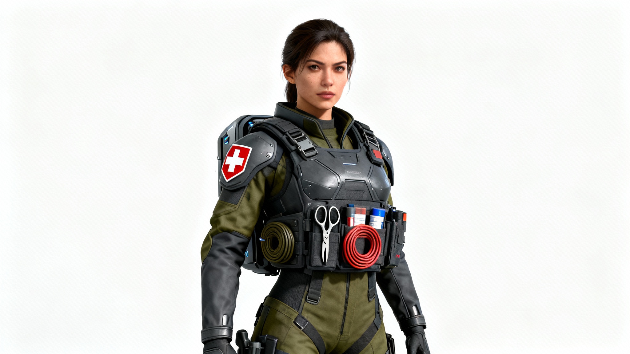 A full-body 3D character render of a female combat medic in futuristic tactical gear, standing against a plain white background.