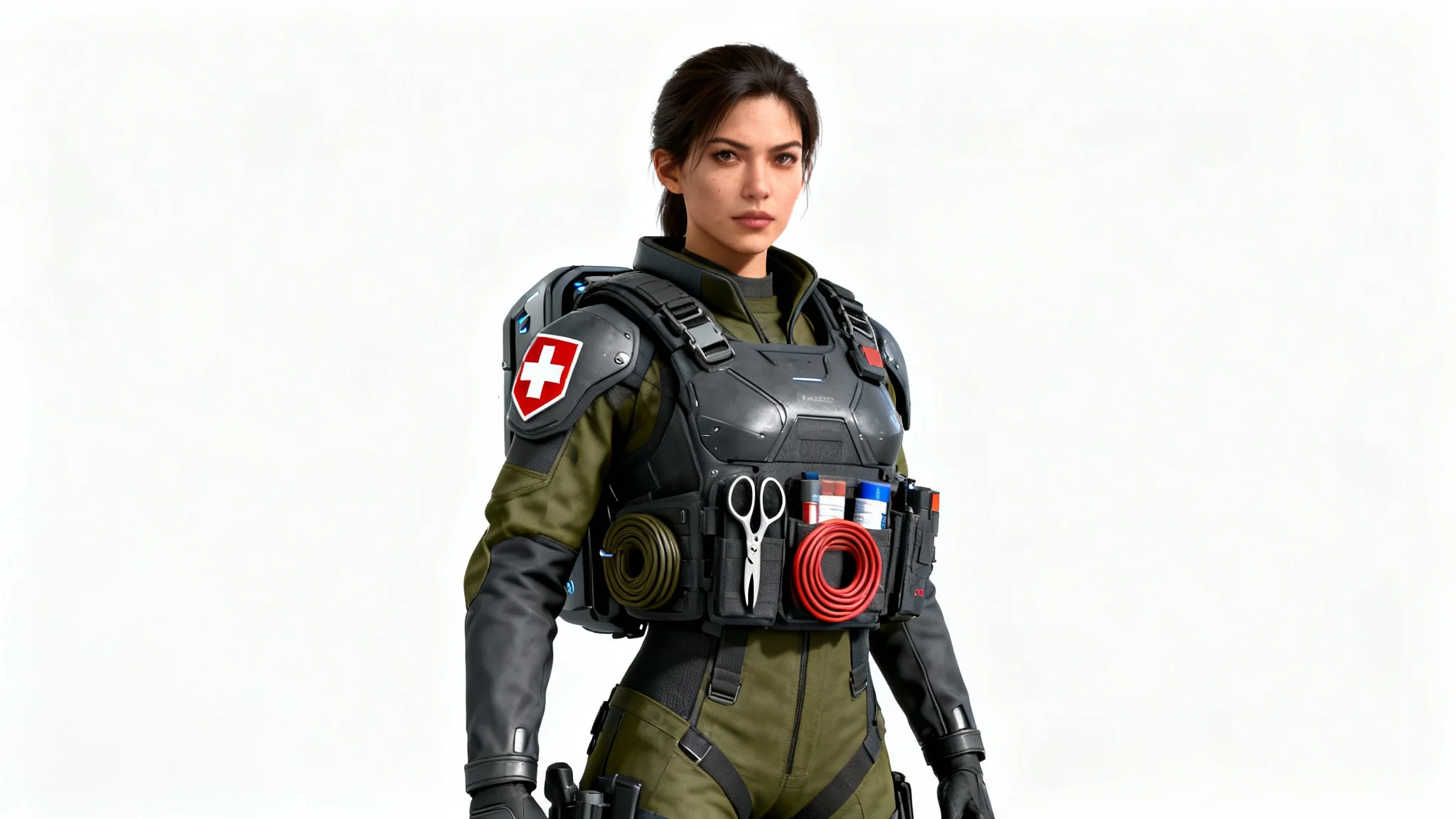 A full-body 3D character render of a female combat medic in futuristic tactical gear, standing against a plain white background.