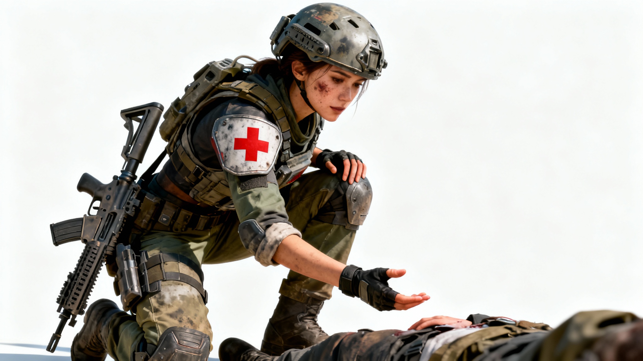 A photorealistic character design of a female combat medic in futuristic armor, kneeling against a white background. She is posed as if providing aid, looking focused and determined.
