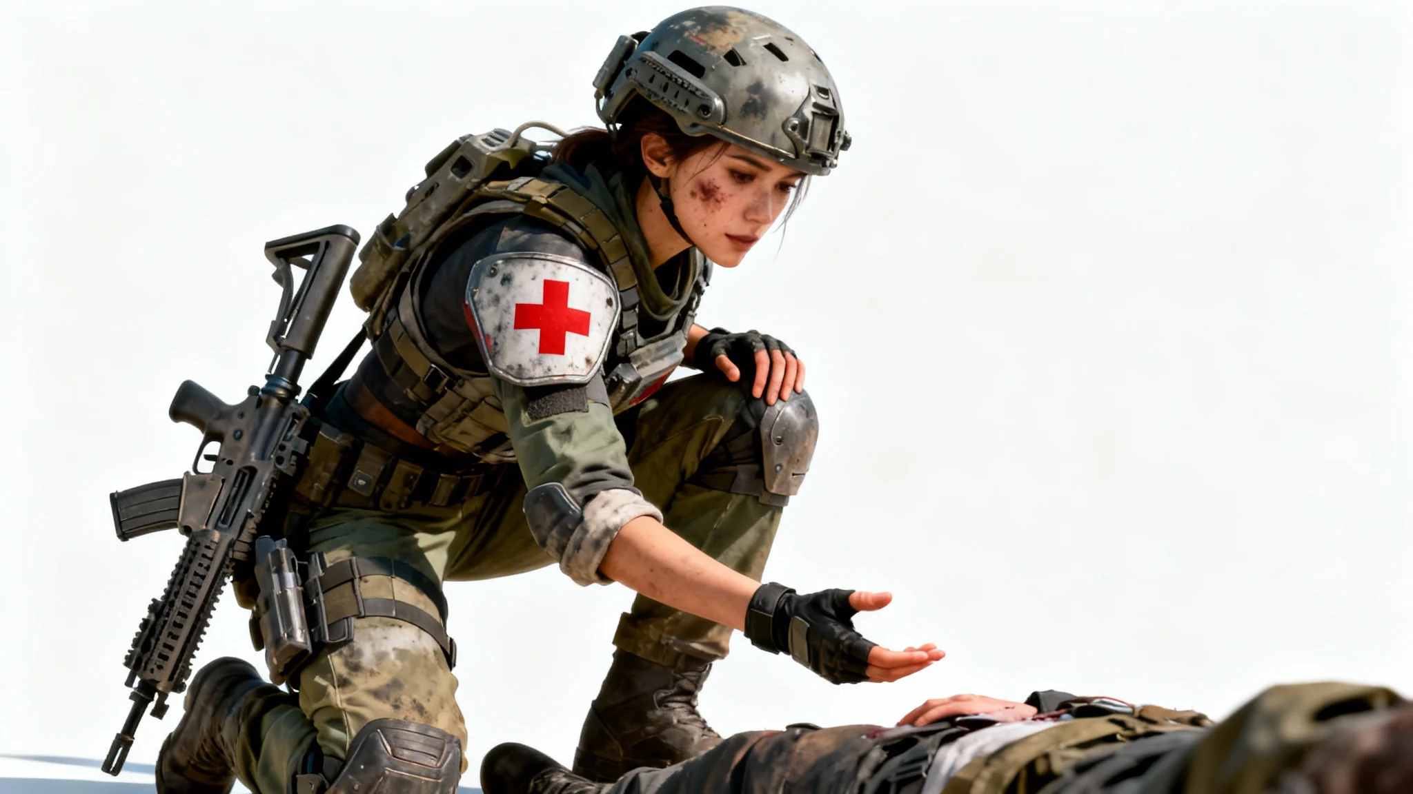 A photorealistic character design of a female combat medic in futuristic armor, kneeling against a white background. She is posed as if providing aid, looking focused and determined.