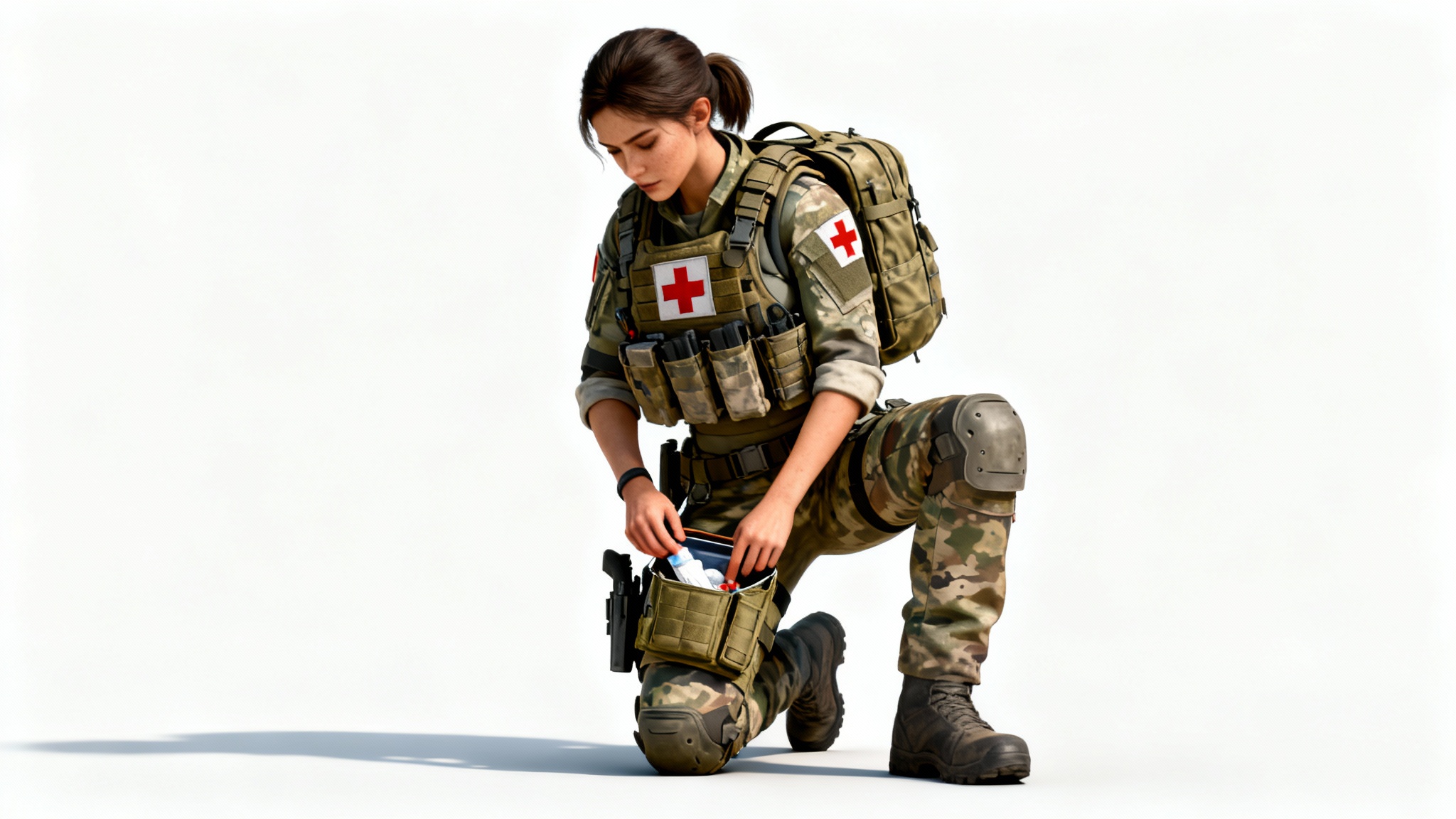 A full-body concept art of a female combat medic in modern tactical gear, kneeling against a white background while accessing her medical kit.