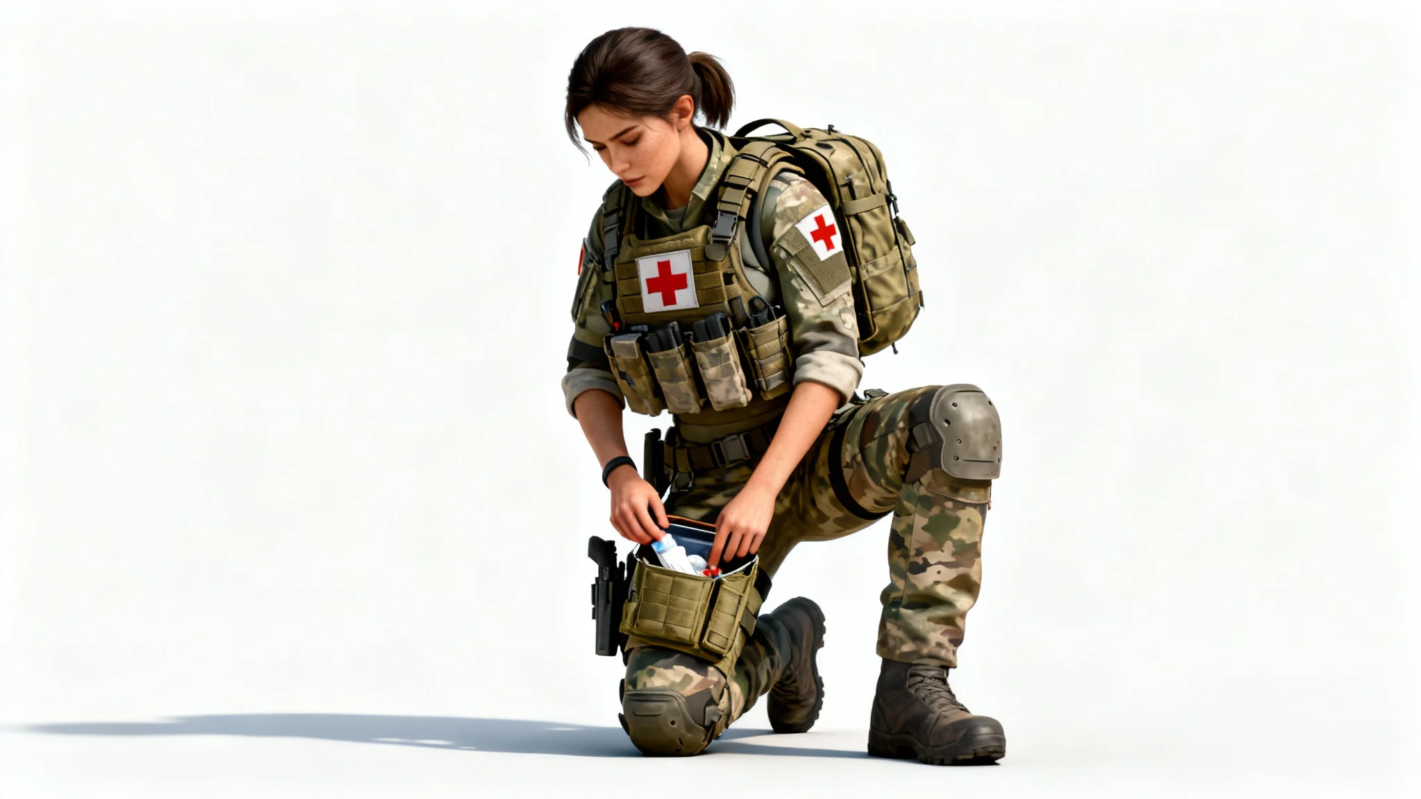 A full-body concept art of a female combat medic in modern tactical gear, kneeling against a white background while accessing her medical kit.