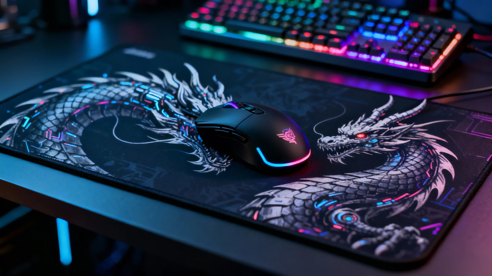 A photorealistic product mockup of a large gaming mousepad on a desk, featuring a vibrant design of a cybernetic dragon, with a gaming mouse and keyboard nearby.