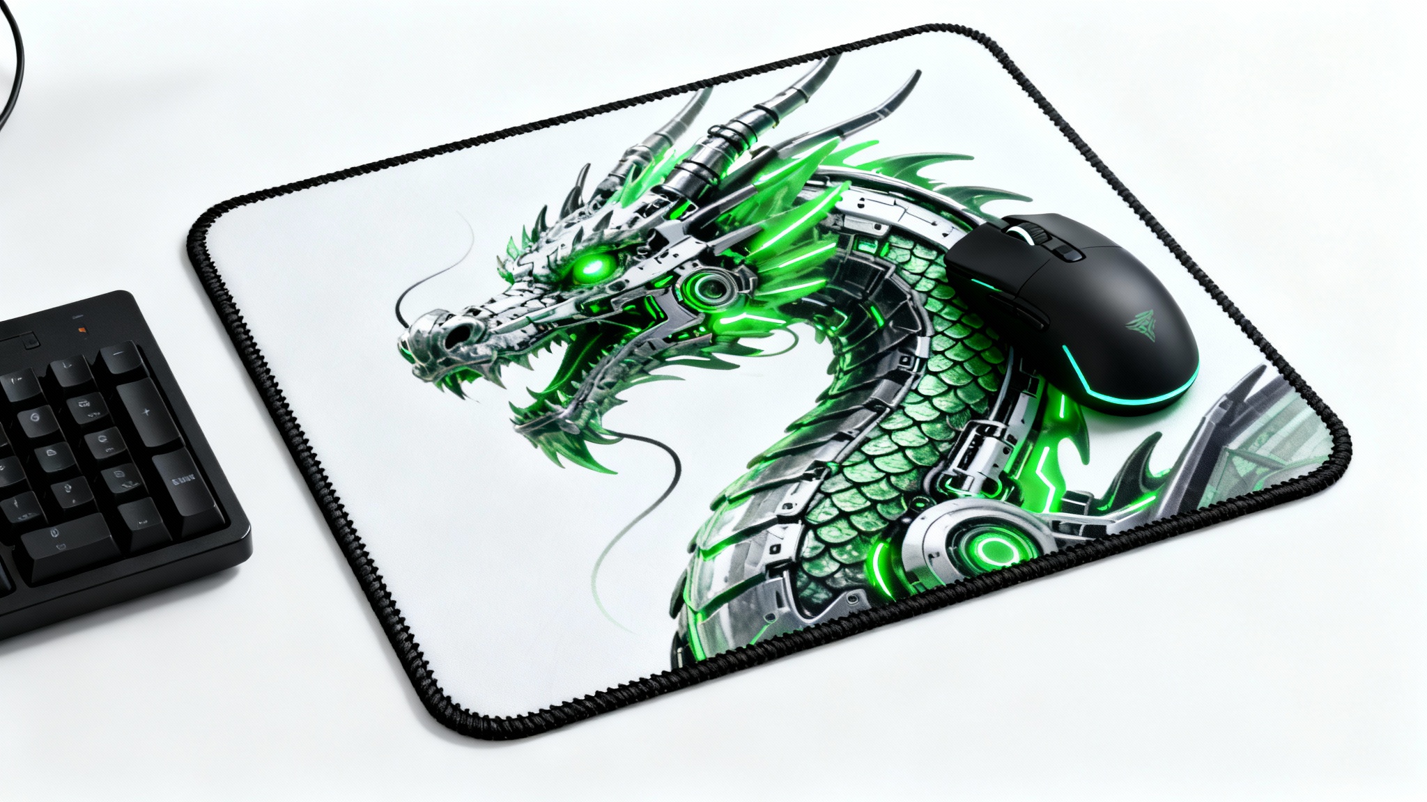 A high-quality mockup of a gaming mousepad featuring a vibrant cybernetic dragon design, placed on a white background with a gaming mouse and keyboard.