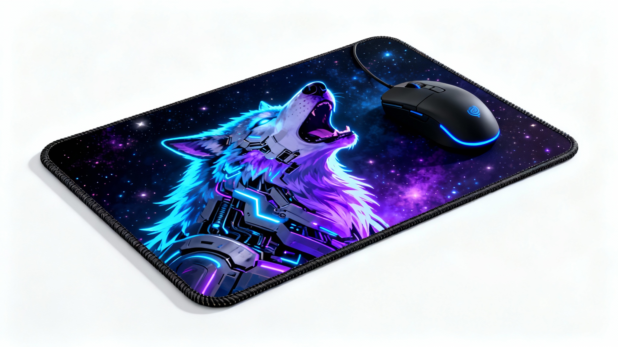 A photorealistic mockup of a rectangular gaming mousepad with a vibrant cybernetic wolf design, shown with a sleek black gaming mouse resting on it, all against a plain white background.