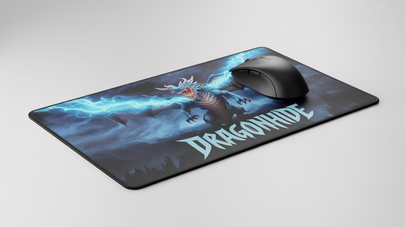 A large gaming mousepad featuring a dramatic illustration of a blue fire-breathing dragon, with a black gaming mouse resting on it, set against a plain white background.
