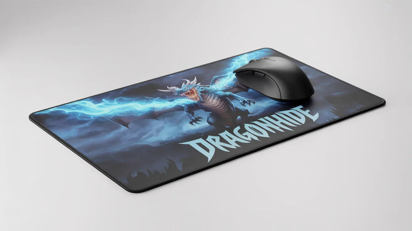 A large gaming mousepad featuring a dramatic illustration of a blue fire-breathing dragon, with a black gaming mouse resting on it, set against a plain white background.
