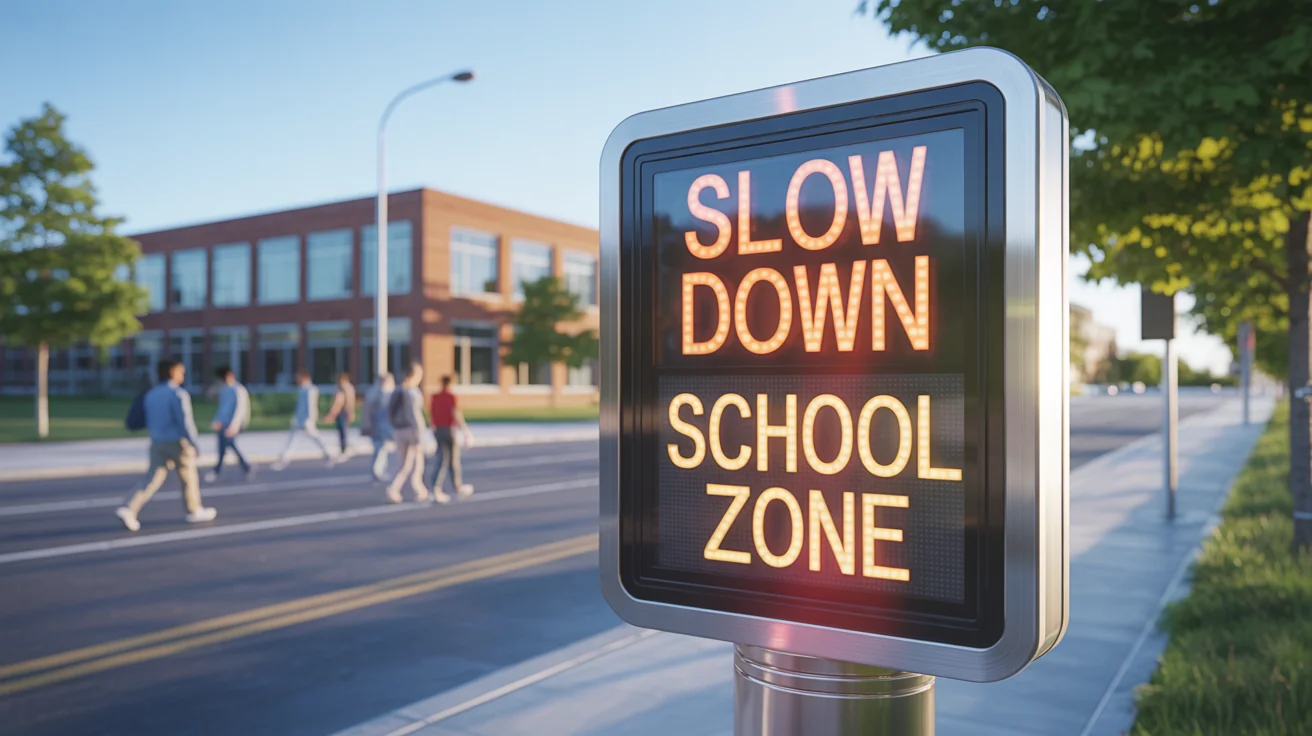 A professional, photorealistic image of a digital LED traffic sign in a clean urban school zone, displaying the message 'SLOW DOWN SCHOOL ZONE' in bright, clear letters.