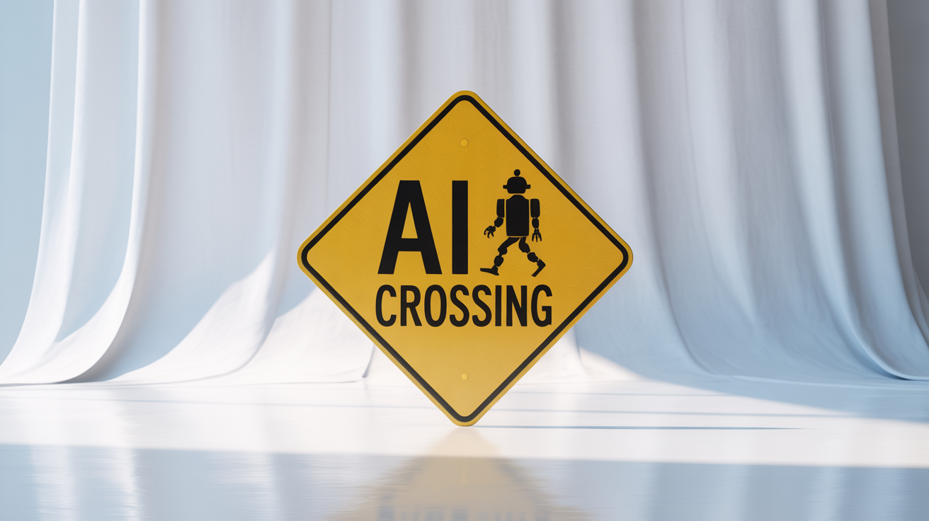 A yellow diamond-shaped traffic warning sign with a black border, featuring a silhouette of a robot and the text 'AI CROSSING'.