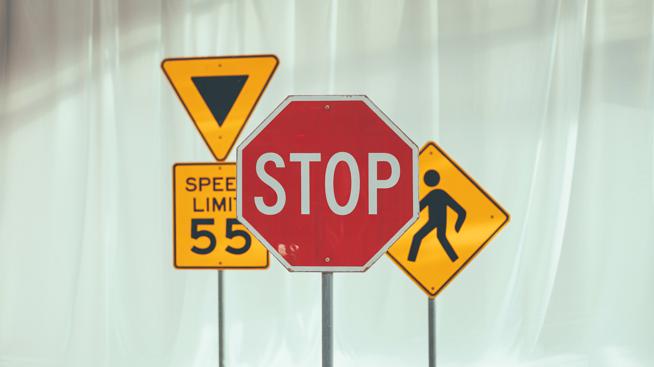 A photorealistic collection of various common traffic signs, including a stop sign and a speed limit sign, arranged on a clean white background.