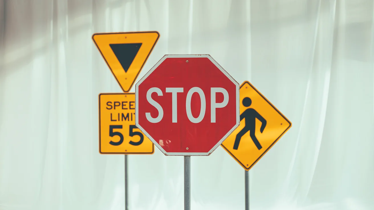 A photorealistic collection of various common traffic signs, including a stop sign and a speed limit sign, arranged on a clean white background.