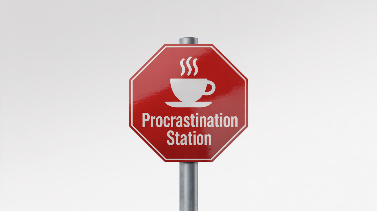 A creative mockup of a red octagonal traffic sign, similar to a stop sign, featuring a white coffee cup icon and the words 'PROCRASTINATION STATION' below it, set against a plain white background.