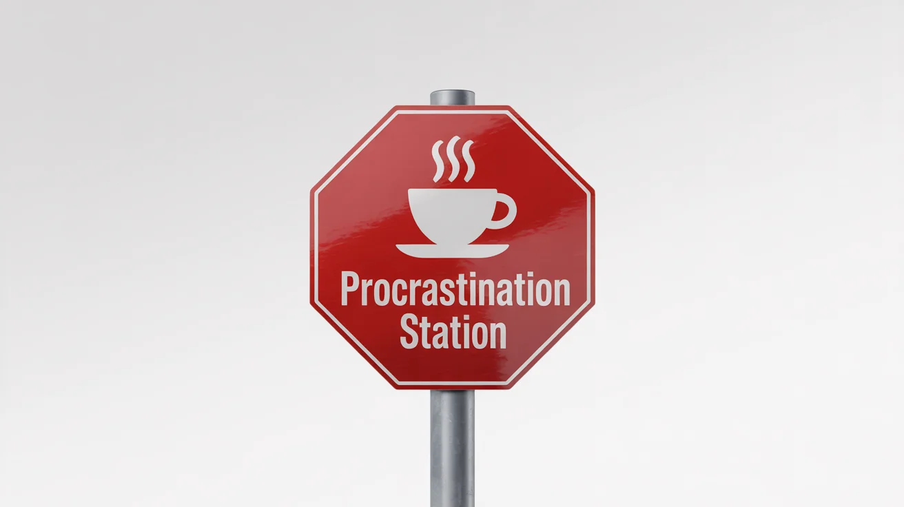 A creative mockup of a red octagonal traffic sign, similar to a stop sign, featuring a white coffee cup icon and the words 'PROCRASTINATION STATION' below it, set against a plain white background.
