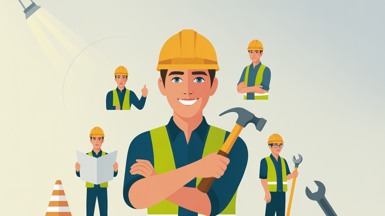 A hero image displaying a professional clipart set of a construction worker. The main illustration shows a smiling worker in a hard hat holding a hammer, surrounded by other character poses and tool icons in a modern flat design style.