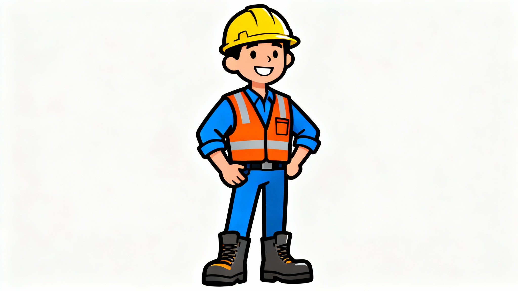 A clipart illustration of a smiling construction worker wearing a yellow hard hat and an orange safety vest, isolated on a white background.
