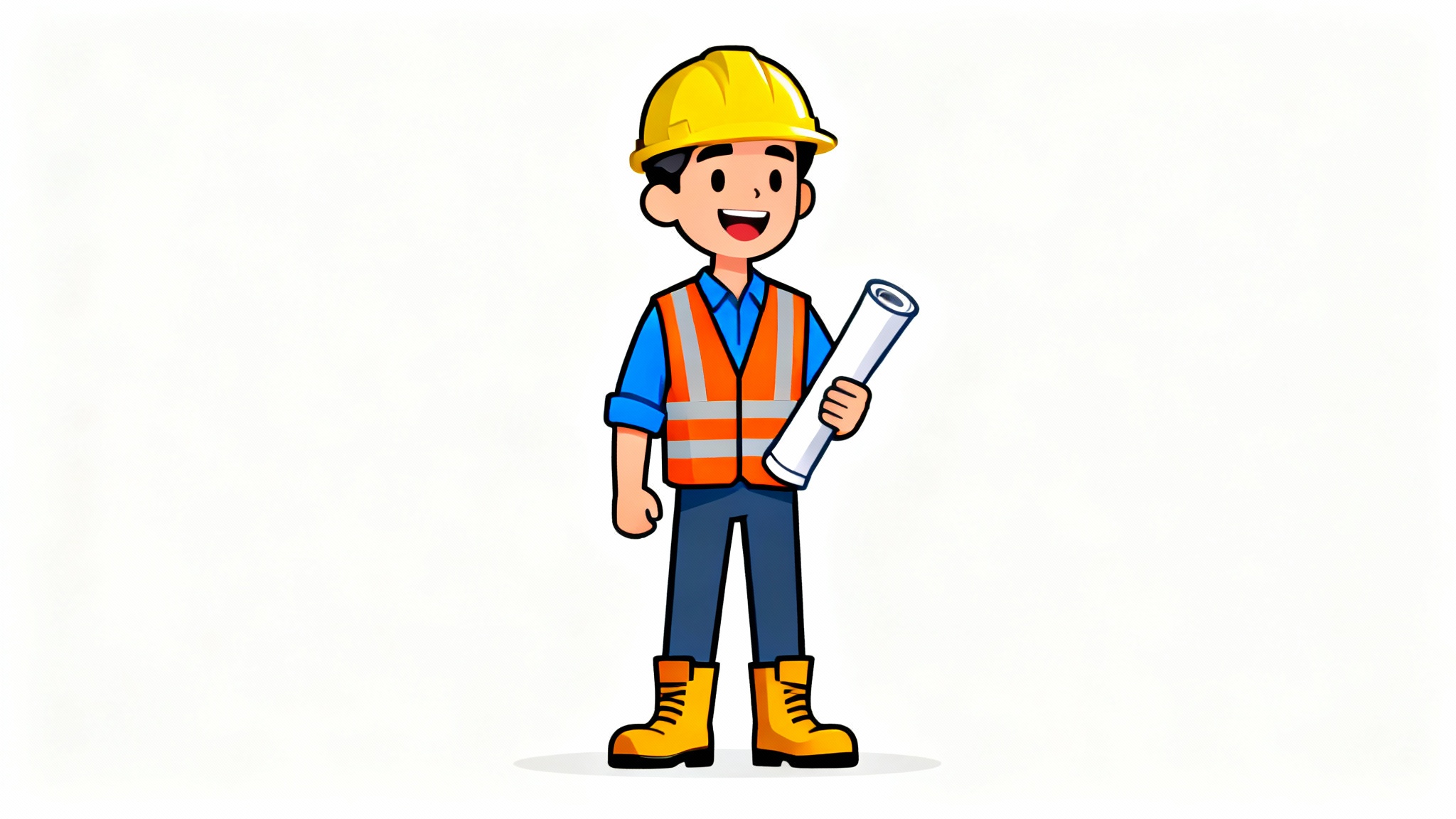 A friendly construction worker in a hard hat and safety vest, depicted in a clean clipart style, holding a blueprint.