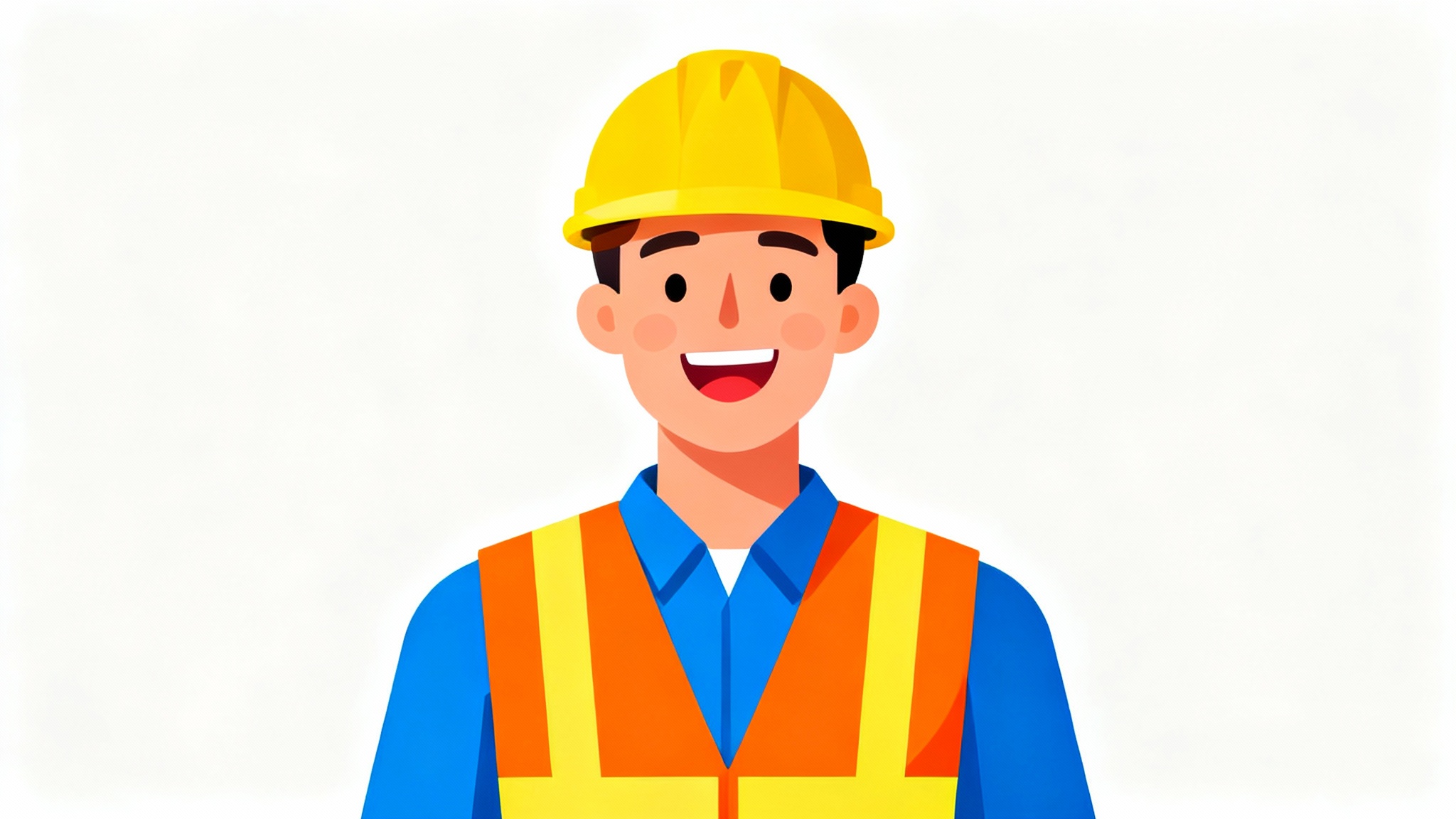 A friendly clipart illustration of a construction worker wearing a yellow hard hat and orange safety vest, smiling against a white background.