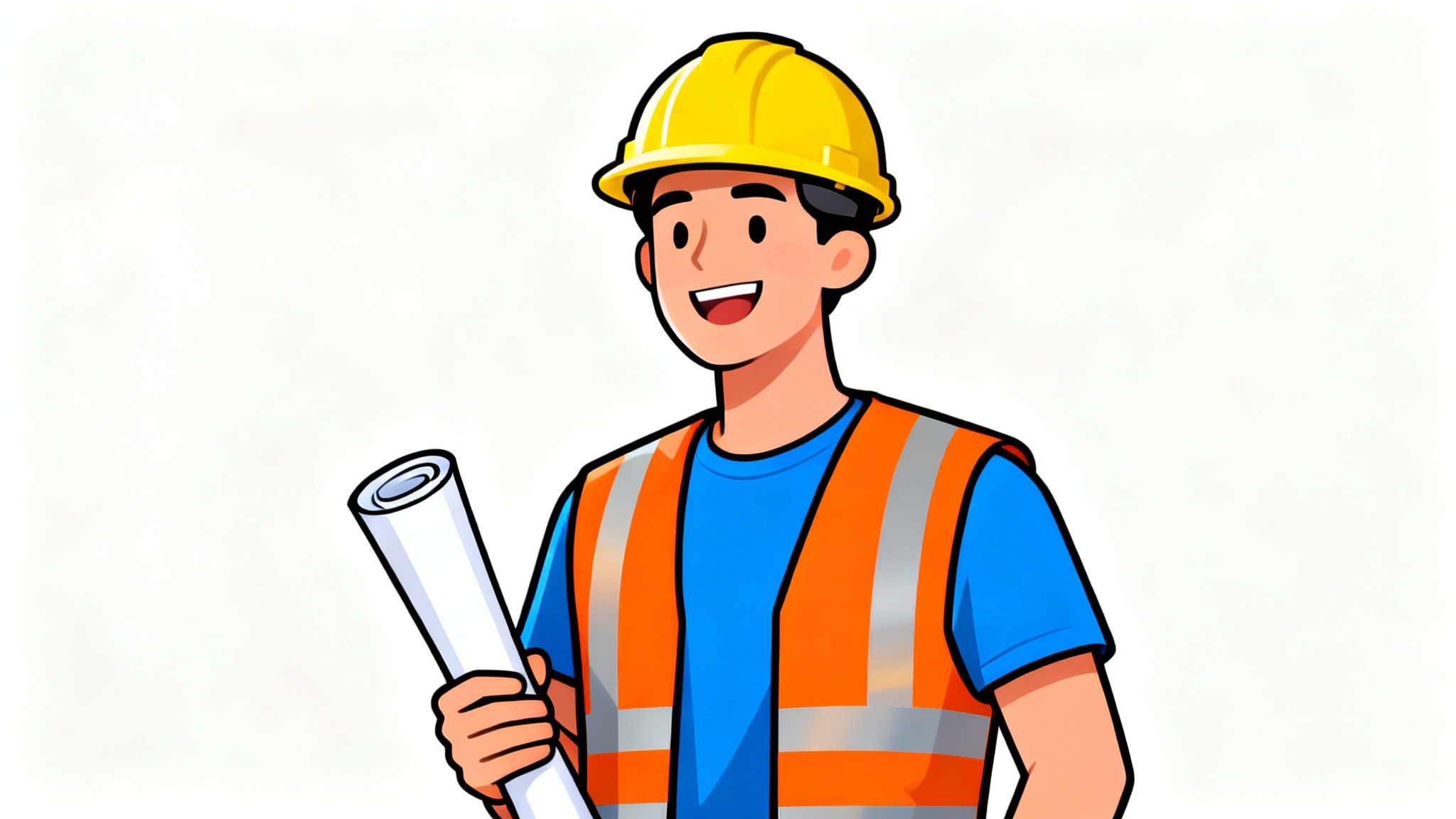 A clipart illustration of a friendly construction worker wearing a yellow hard hat and an orange safety vest, holding a blueprint against a white background.
