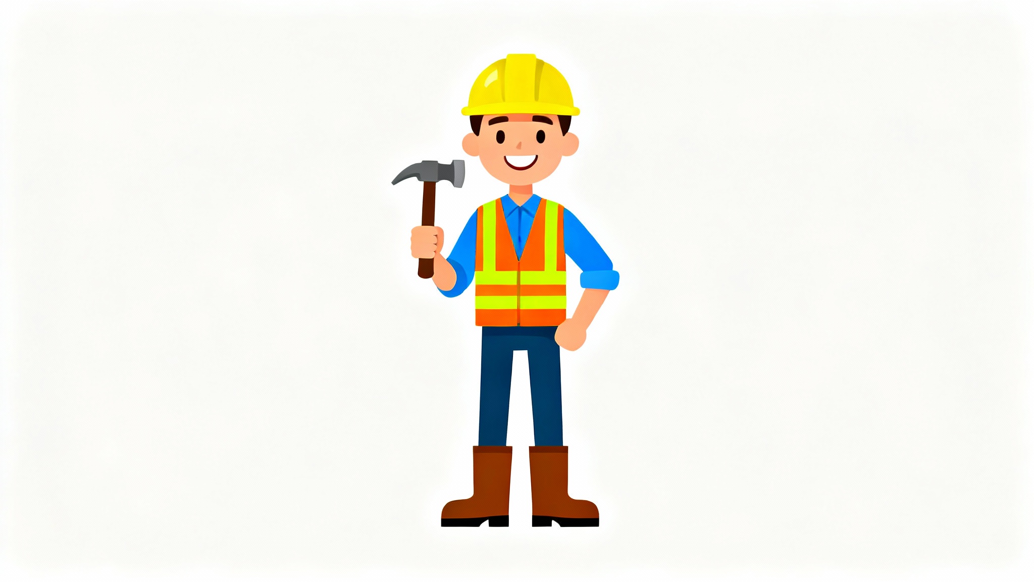 A friendly 2D clipart illustration of a construction worker wearing a yellow hard hat and an orange safety vest, holding a hammer, isolated on a white background.