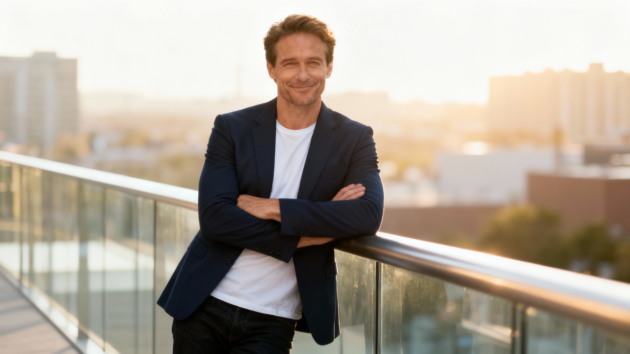 A handsome man in a navy blazer and jeans strikes a new, confident pose, leaning against a city railing, demonstrating the result of a men's posing tool.