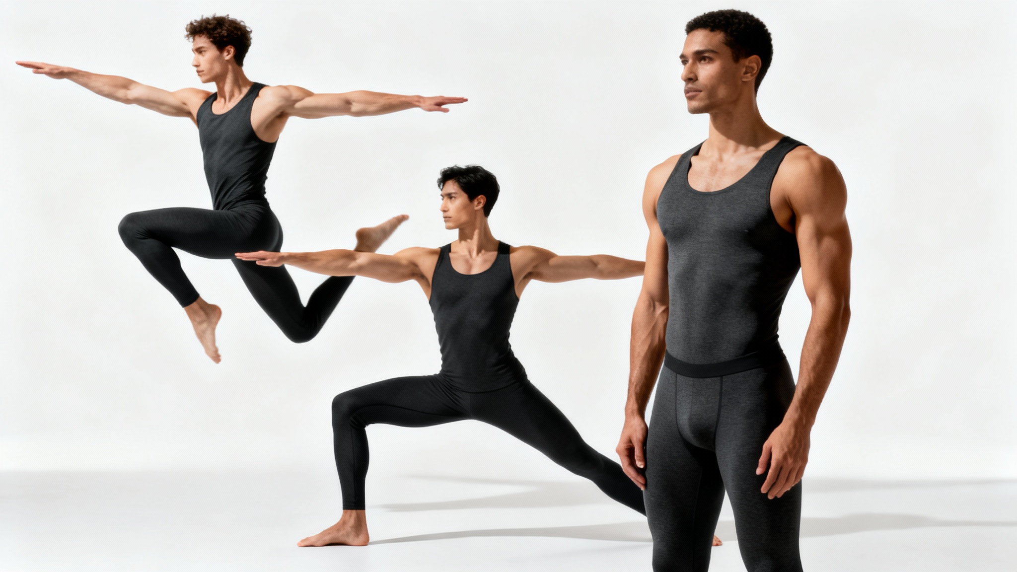 A collection of diverse men in various dynamic and athletic poses, wearing minimalist athletic wear, set against a clean white background to showcase pose references.