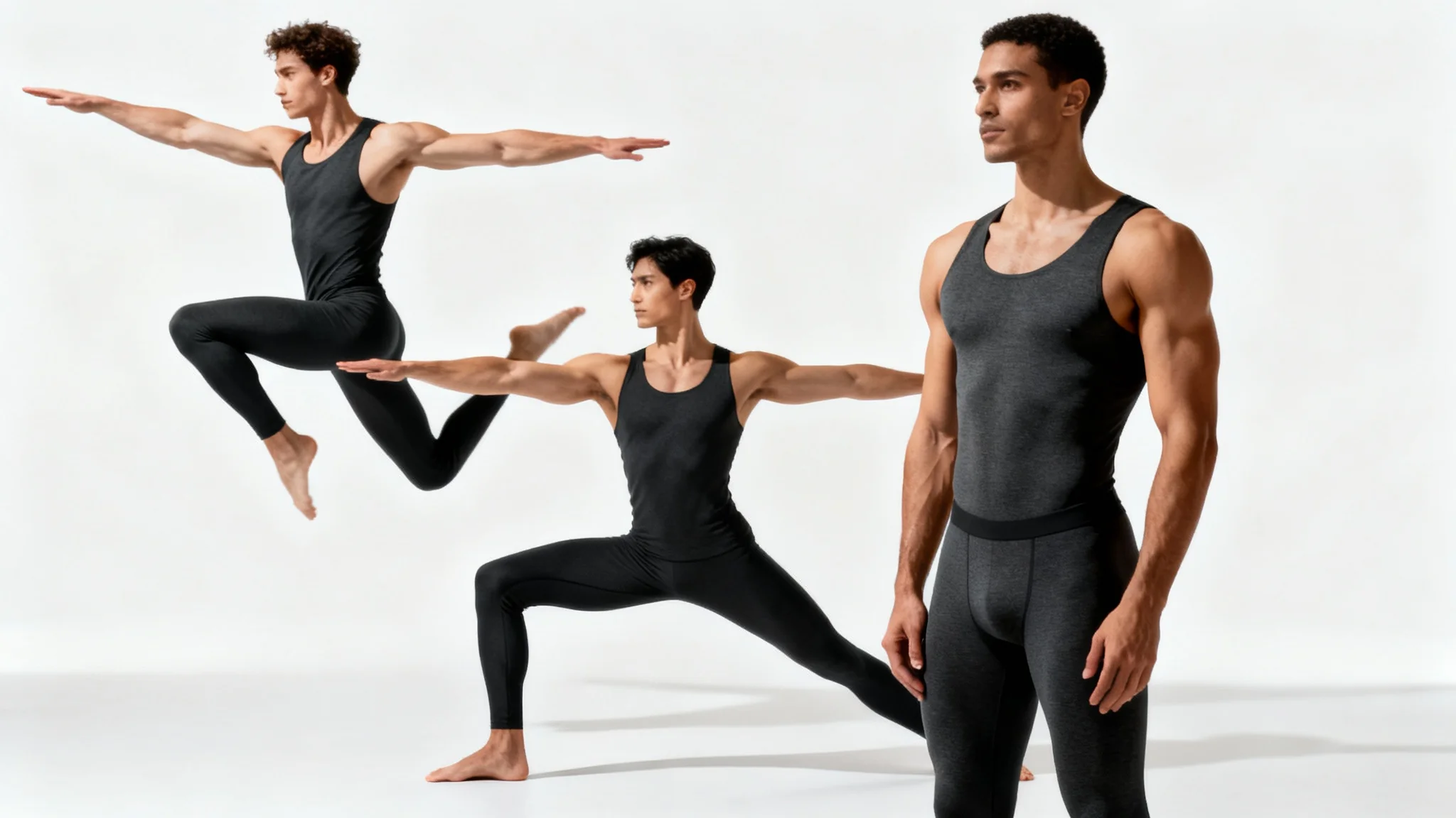 A collection of diverse men in various dynamic and athletic poses, wearing minimalist athletic wear, set against a clean white background to showcase pose references.