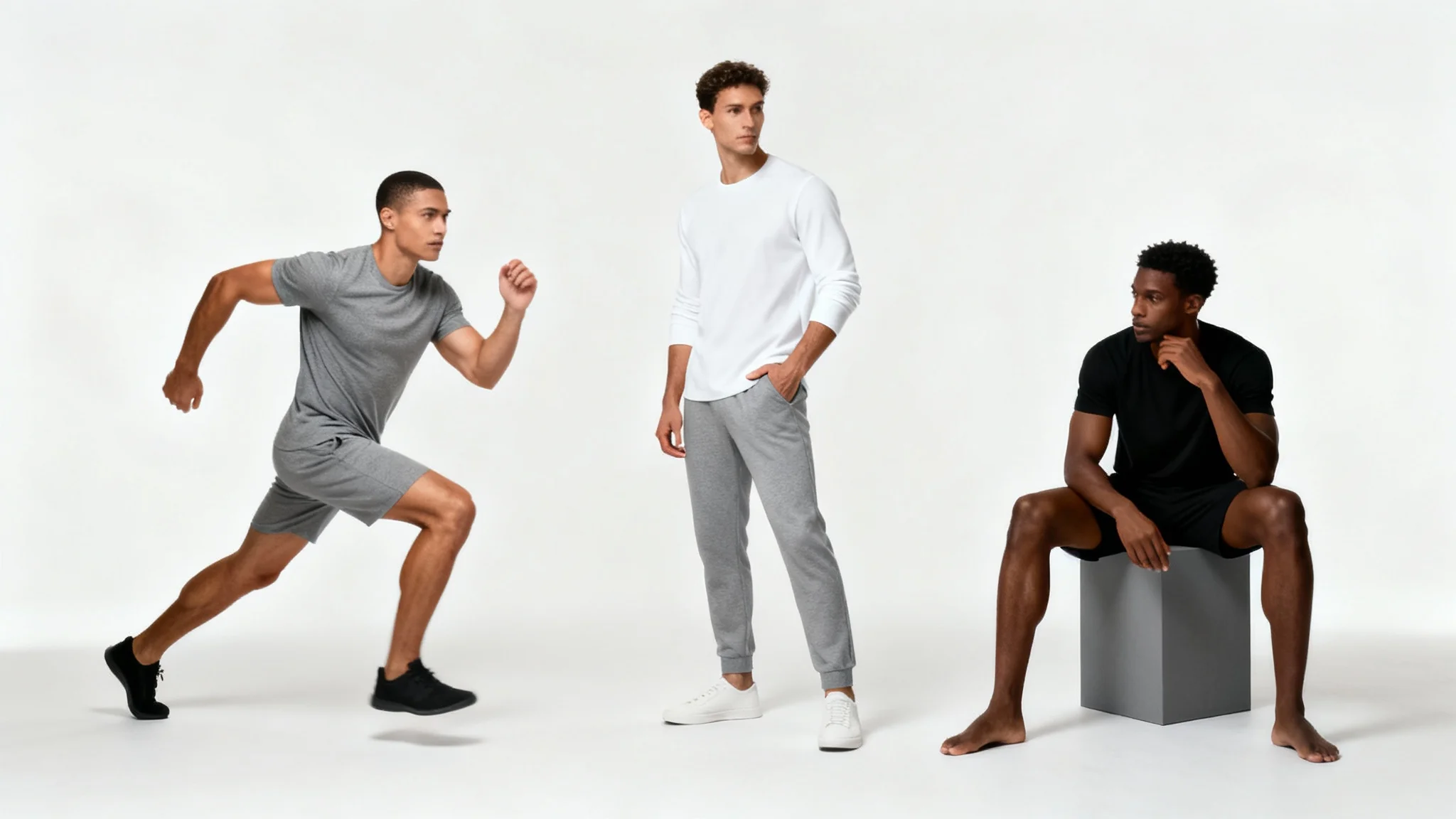 A studio photograph showing three diverse men in different poses, one athletic, one classic, and one seated against a clean white background.