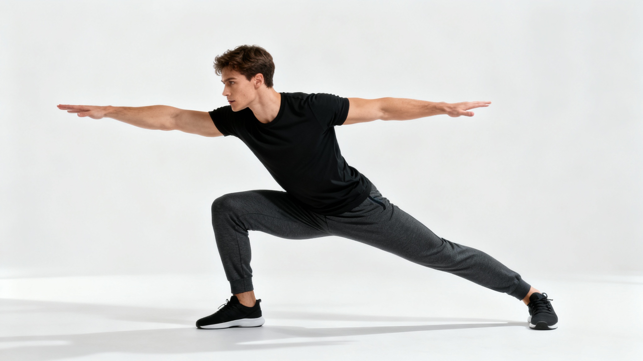 A photorealistic image of a man in an athletic, dynamic lunge pose, wearing a black t-shirt and grey pants against a stark white studio background.